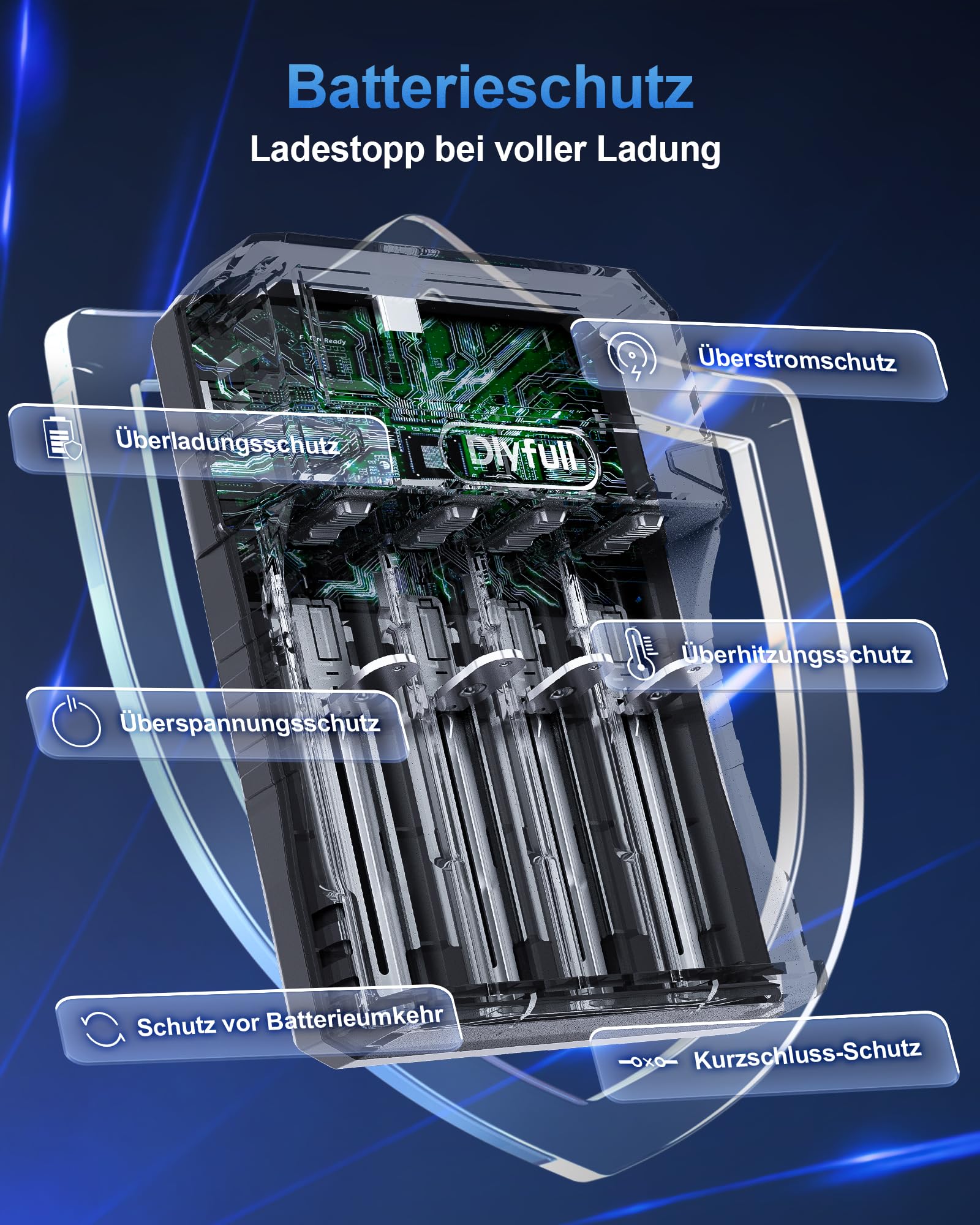 Dlyfull 18650 Ladegerät, Universal Akku Ladegerät LCD-Display für 3,7V Li-Ion Akku 18650 21700 18700 26650 22650 20700 16340(RCR123) 14500 Tragbares USB-C Batterieladegerät, 4 Fach