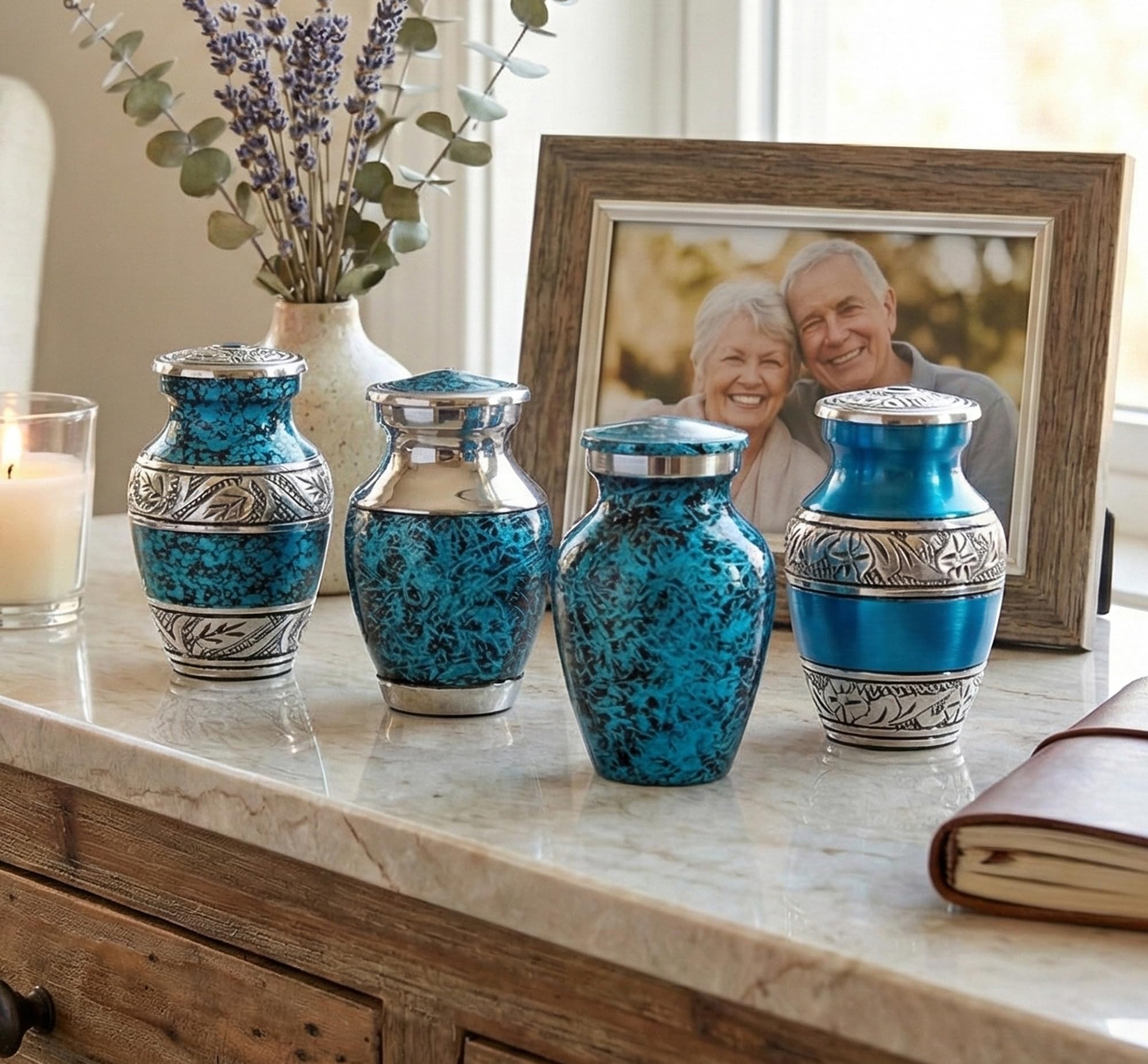 eSplanade Tarro conmemorativo de metal con forma de urna de cremación, juego de 4, urnas pequeñas para entierro de cenizas funerarias, recuerdos grabados y texturizados, azul, 3 pulgadas