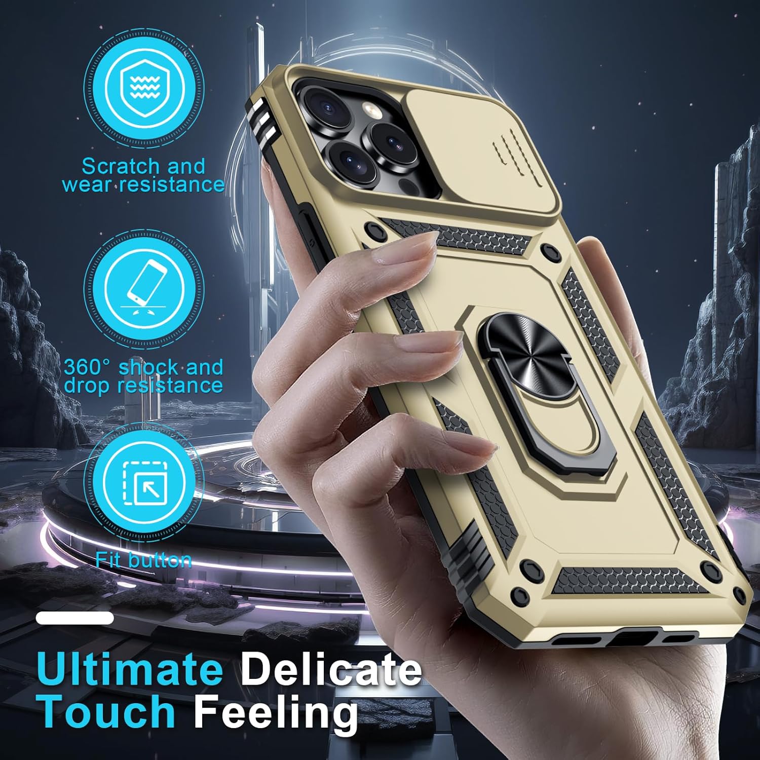Janmitta Case for iPhone 12 & 12 Pro Phone Cover Built in Slide Camera Lens Cover+Screen Protector,Heavy Duty Shockproof Full Body PhoneCase with Finger Ring Holder Kickstand,Gold - Image 7