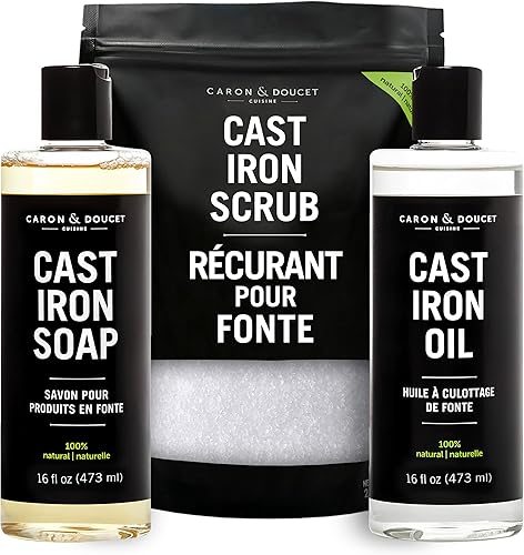 Caron  Doucet - Juego definitivo de hierro fundido aceite de condimento jabón de limpieza y restauración de exfoliantes  100 a base de plantas y lo
