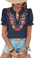 ZILIN Women's Floral Embroidered V-Neck Boho Puff Sleeve Blouse - Loose Breathable Summer Top 2026