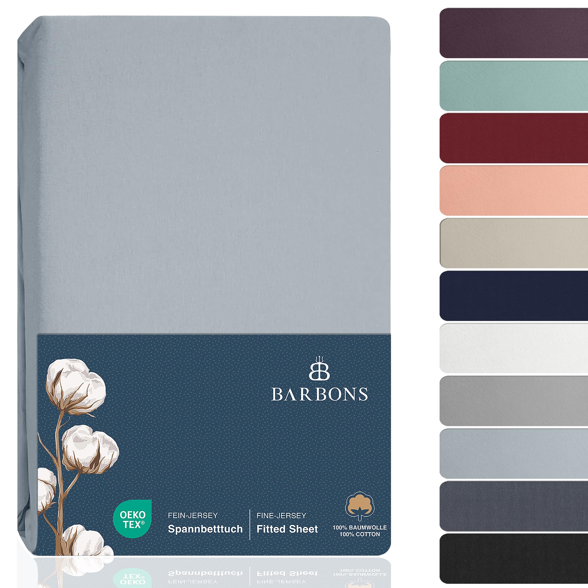 BARBONS Spannbettlaken 180x200cm - 100% Baumwolle Spannbettlaken, Oeko-TEX Zertifiziert, Bettlaken Jersey, Spannbetttuch, Matratzenhöhe bis 22 cm - Hellblau 180 x 200