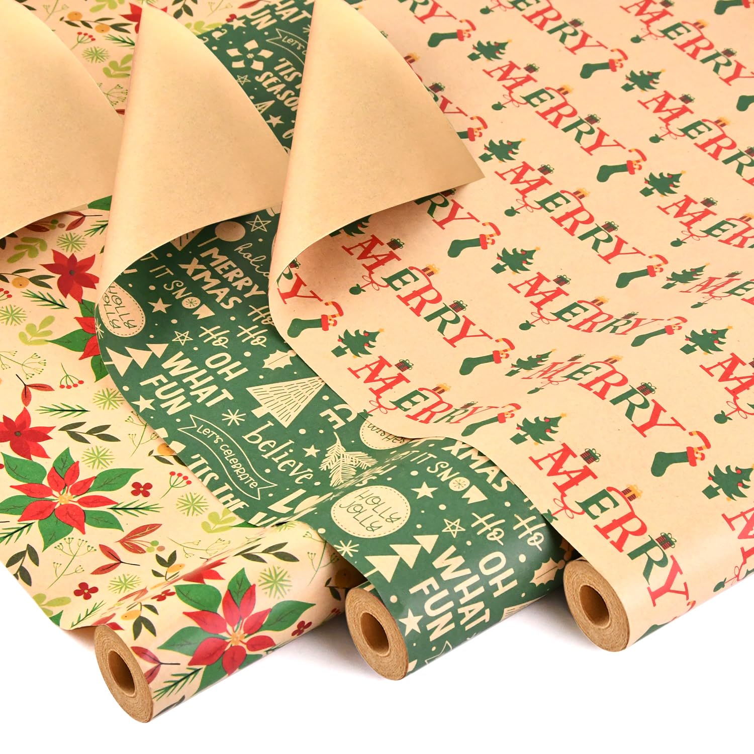 AhfuLife 3 Rolls Christmas Wrapping Paper for Gift, 43cm x 10M Xmas Wrapping Paper Rolls Recyclable Kraft Paper for Christmas Boxes Gift Wrap Birthday Festival Present Decorations