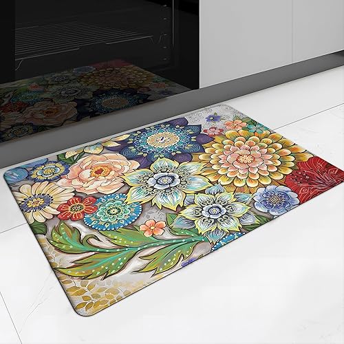 Miniatura 29 de Alfombras de cocina bohemias florales para suelo, 2 piezas de espuma viscoelástica, acolchadas, antifatiga, antideslizantes, acolchadas, cómodas