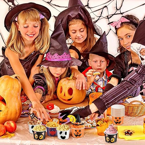 Miniatura 7 de Juego de 60 tazas de aperitivos de Halloween desechables de 9 onzas, tazones de papel de calabaza fantasma para palomitas de maíz, chocolate, fiesta