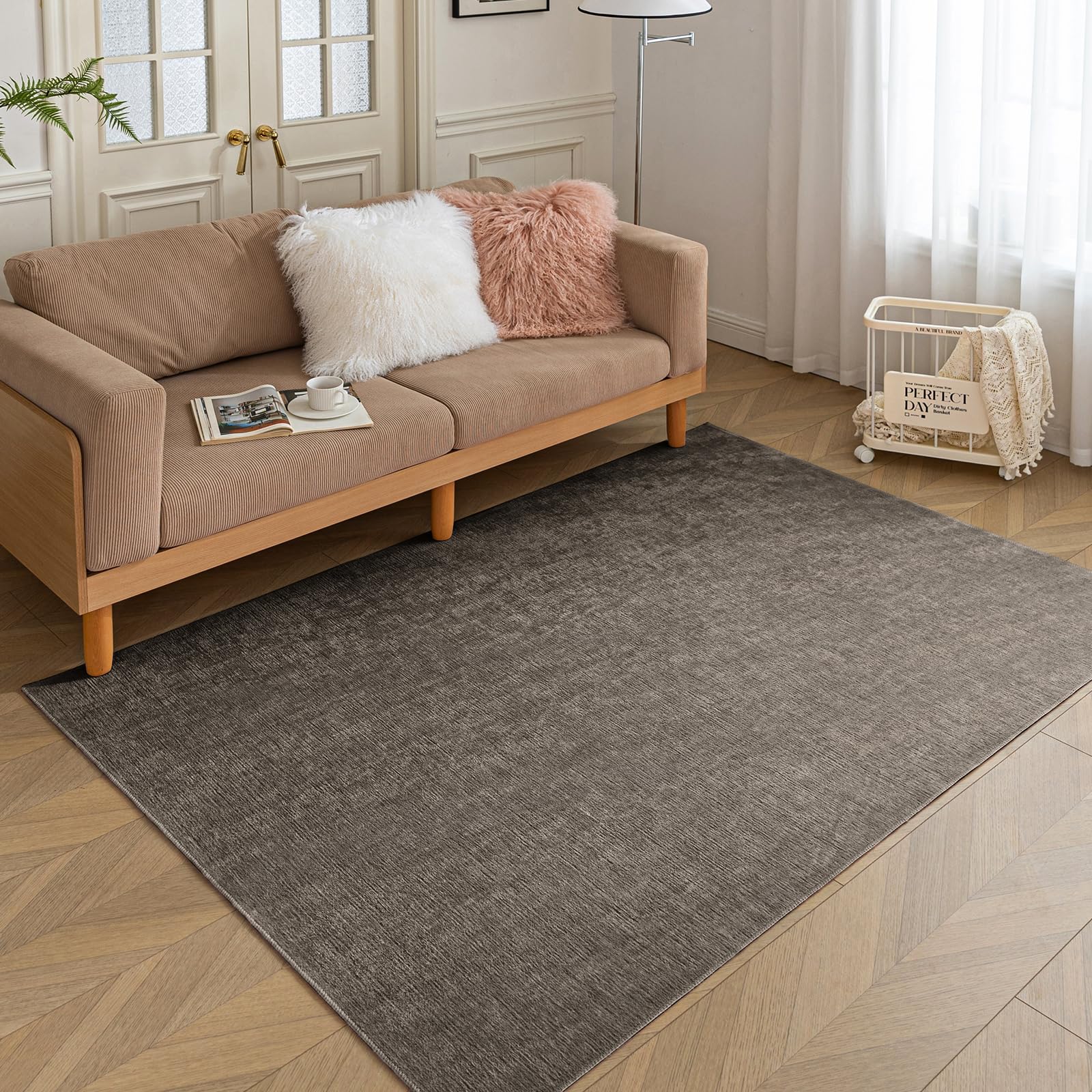 HARESLE Low Pile Rugs Living Room-60x120cm, Non Slip Rugs for Bedroom, Washable Rug-Short Pile, Chenille Stripe, Non-Shedding, Soft Thin Area Rug for Bedside Kitchen Office Lounge Door Mat(Taupe) — image 1
