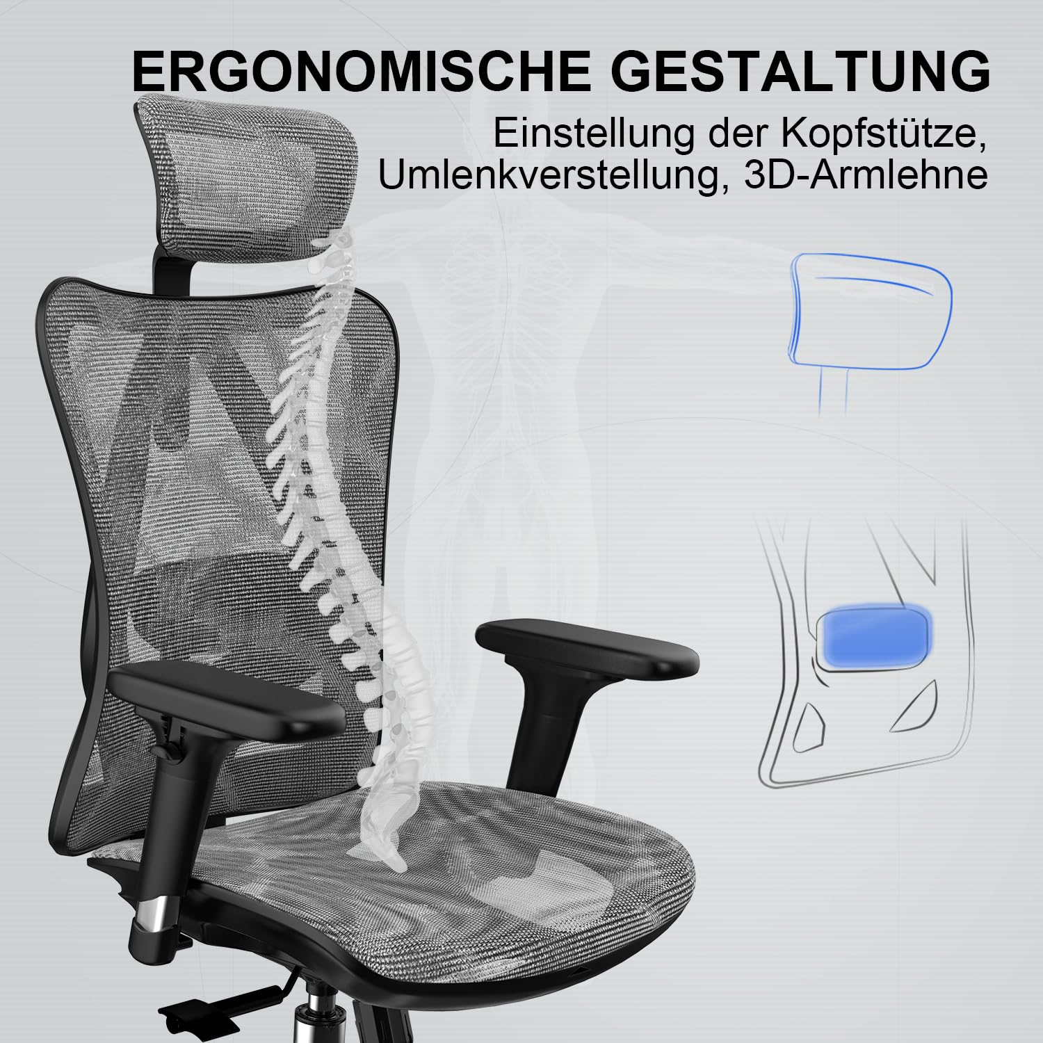 SIHOO Ergonomischer Bürostuhl, Chefsessel mit 3D verstellbare Armlehne und Lendenwirbelstütze, Hautfreundliche Netz-Hochlehne, Schreibtischstuhl bis 150kg/330LB Belastbar (Grau)