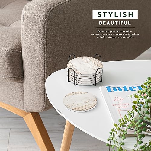 Miniatura 6 de Juego de 6 posavasos para bebidas, cerveza, café, posavasos para bebidas, piedra absorbente con soporte, posavasos de cerámica estilo mármol para
