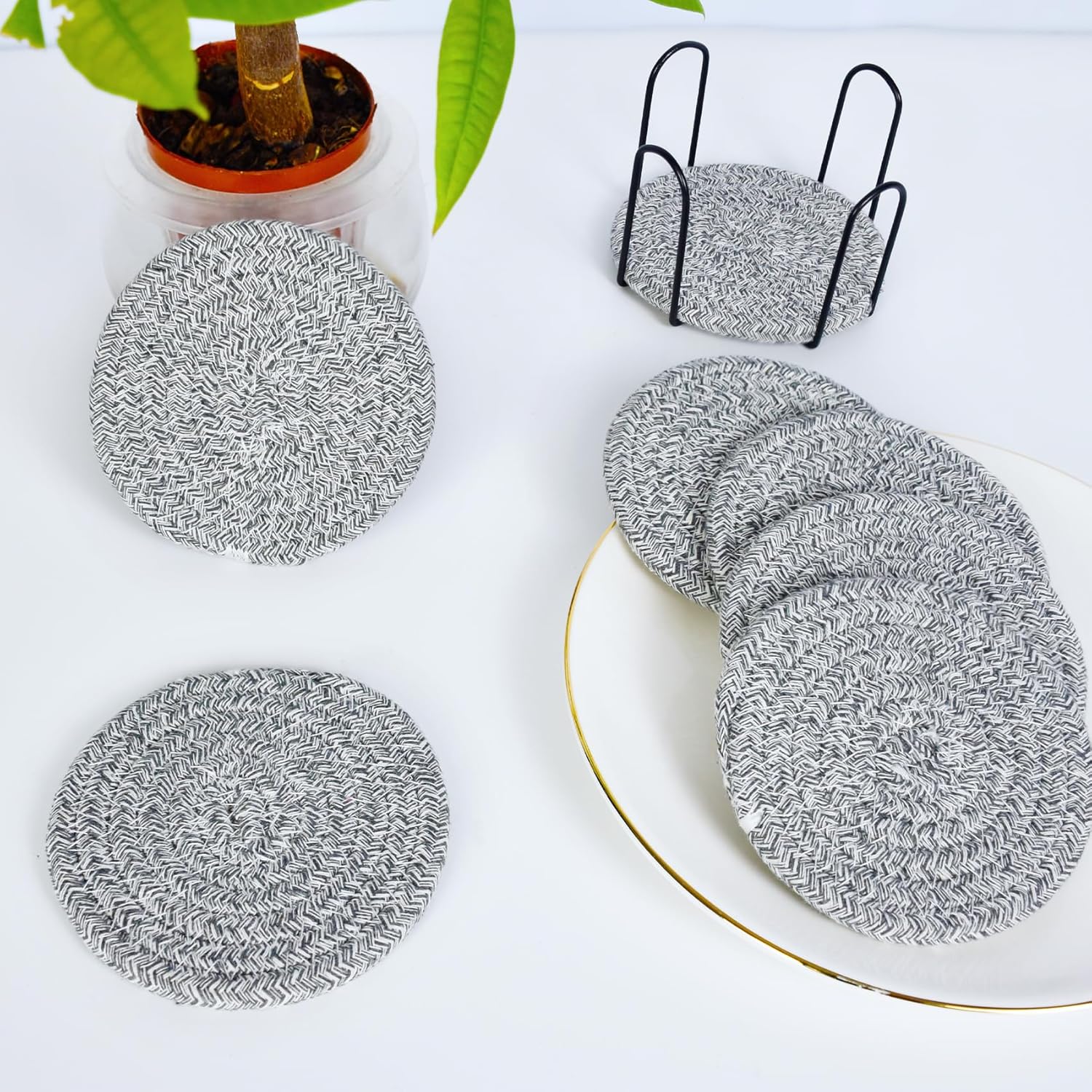 ABenkle 8 Pcs Drink Coasters with Holder, Cotton Woven Absorbent Coasters for Drinks, Minimalist Home Decor Coaster Set for Wooden Tabletop Protection Table, 4.3 inches Mied Gray - Image 6