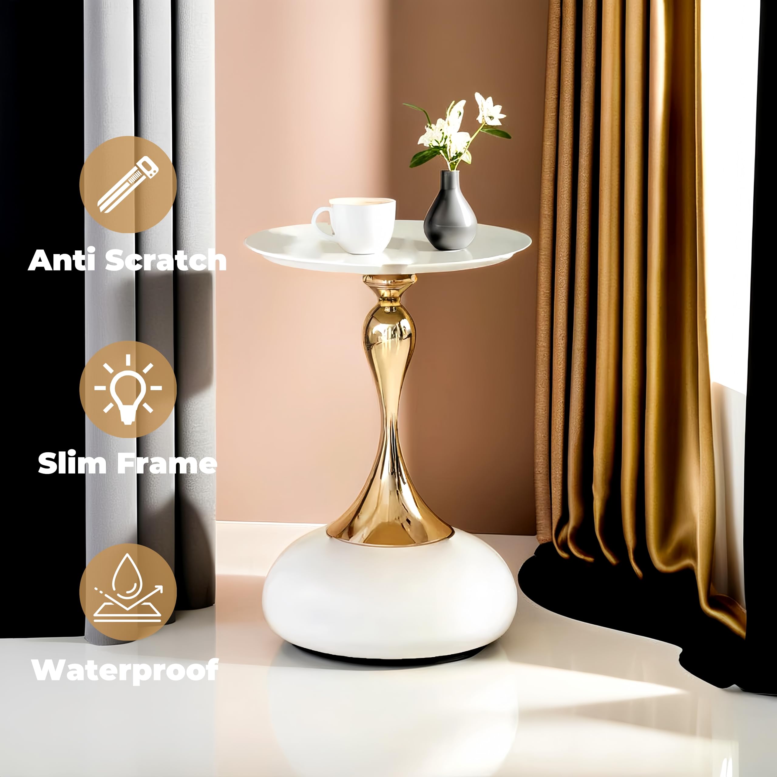 Couchtisch Beige Gold, Kleiner Couchtisch Rund Modern, Metall Beistelltisch Rund Gold, Luxus Nachttisch Kaffeetisch für Wohnzimmer Schlafzimmer Balkon, Ø40CM, 2 Stück