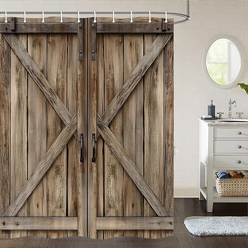 Vista 83 de Cortina de ducha rústica de madera estilo granero, 60 x 70 pulgadas, color beige