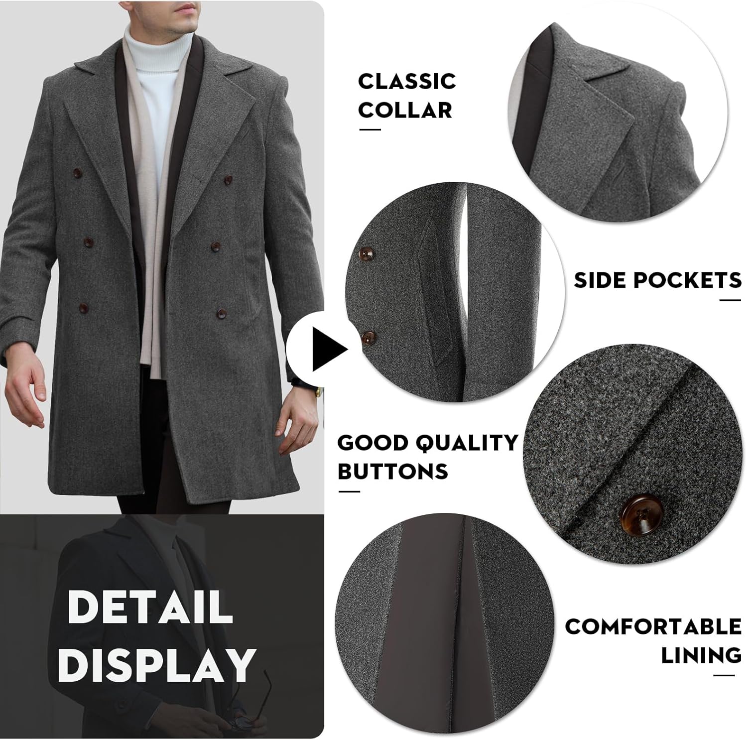 Mens Trench Coat Slim Fit Pea Coats Double Breasted Winter Wool Jackets Notched Lapel Collar Overcoat - Image 3