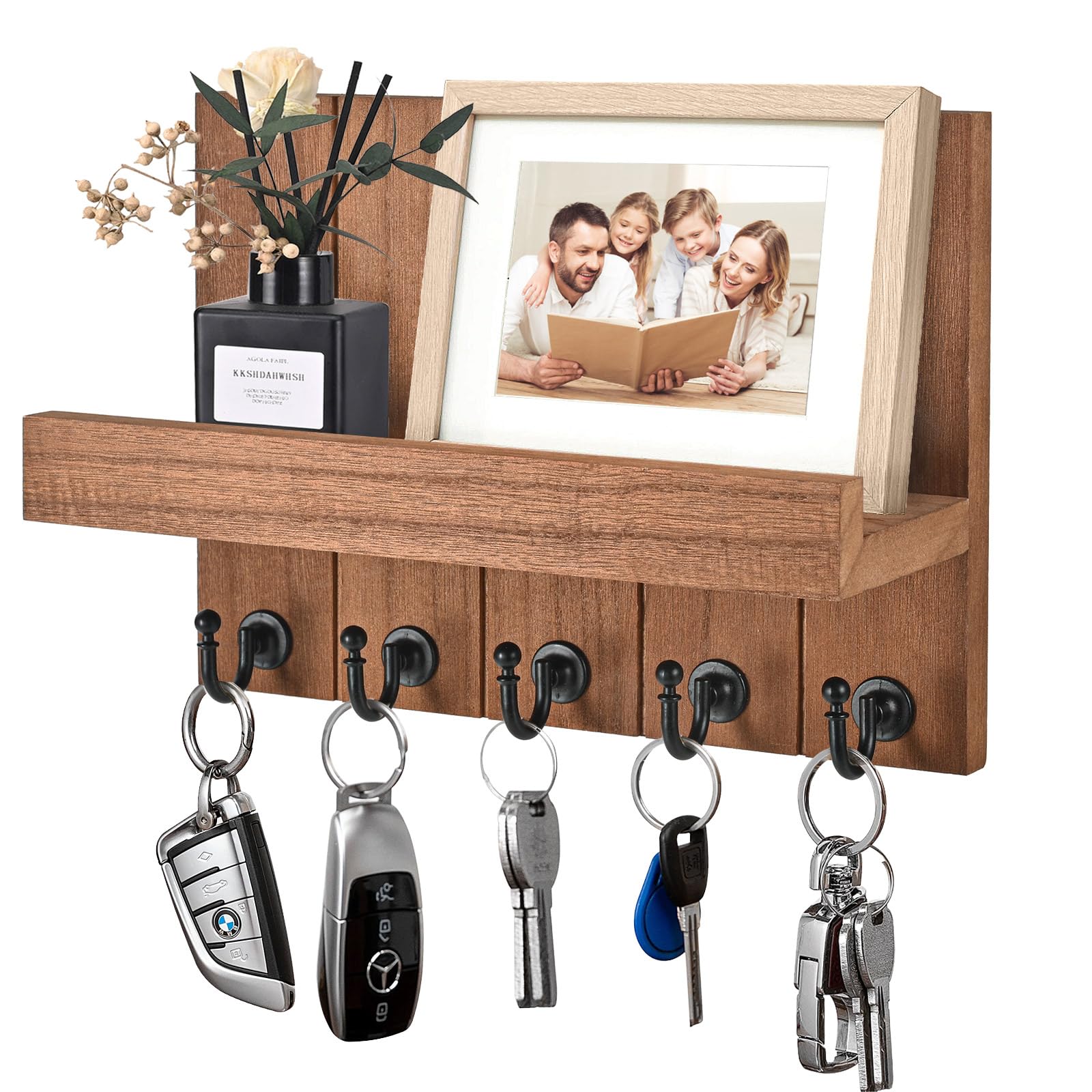 Colgador Llaves, Portallaves de Madera, Organizador Llaves con 5 Ganchos para Llaves, Llavero Decorativo para Llaves, Cartas, Periódicos (Marrón)