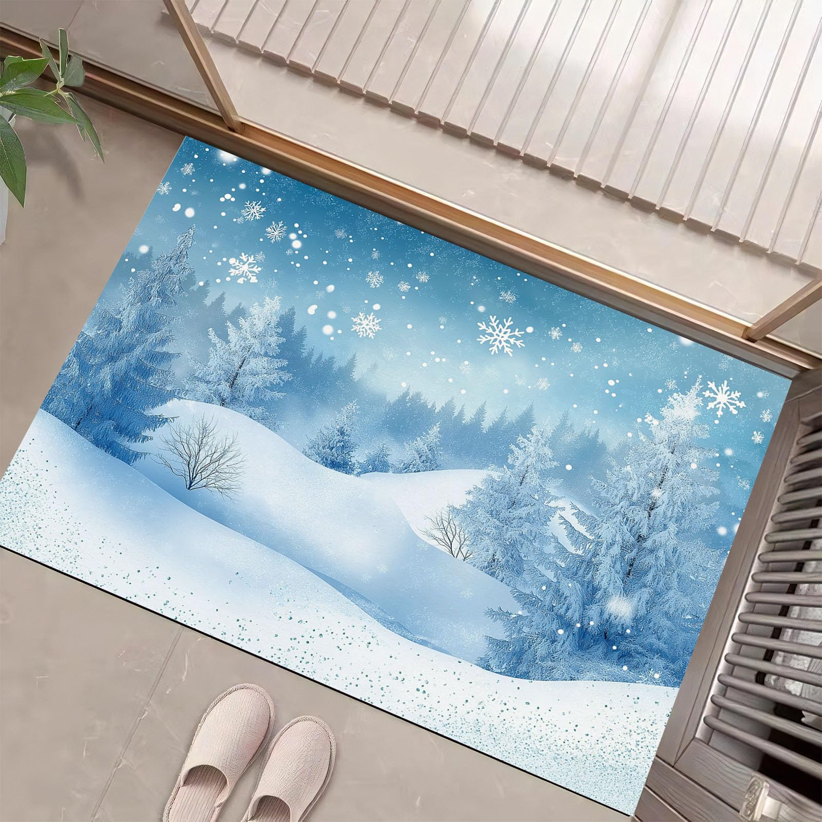 Tapis de sol antidérapant bleu-gris 90x150cm paysage d'hiver pour cuisine et entrée