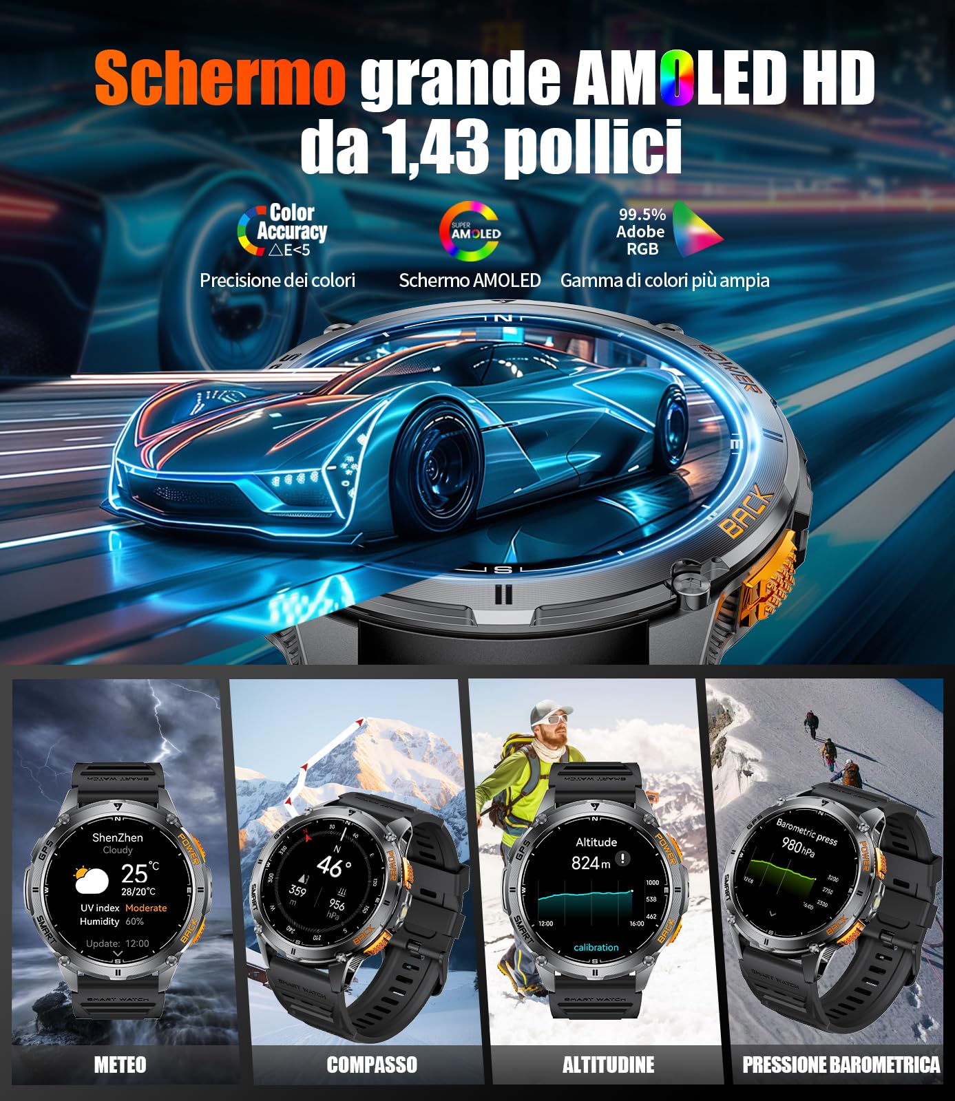 LIGE Smartwatch Uomo con GPS, Monitoraggio Salute, 1.43" AMOLED smartwatch militare con 530mAh Batteria/ 110+ Modalità Sport/LED Torcia/Bussola/Altimetro Orologio Intelligente per Escursionismo
