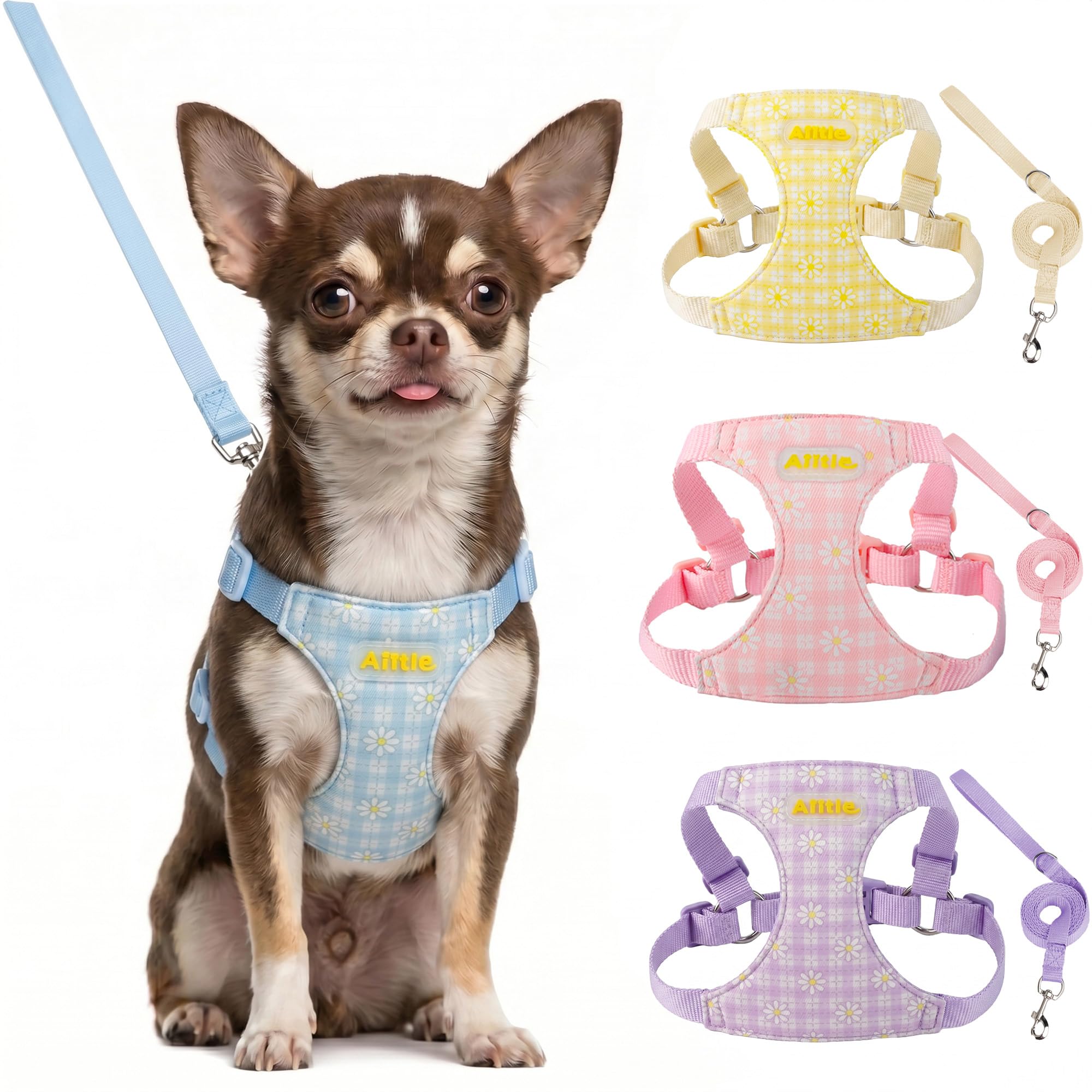 AIITLE Small Dog Vest Harness and Leash Set, Step in No Pull Dog Harness with Adjustable No Choke Design, Breathable Soft Daisy Pattern Puppy Harness for Walking, for Small Medium Dogs – Blue XS