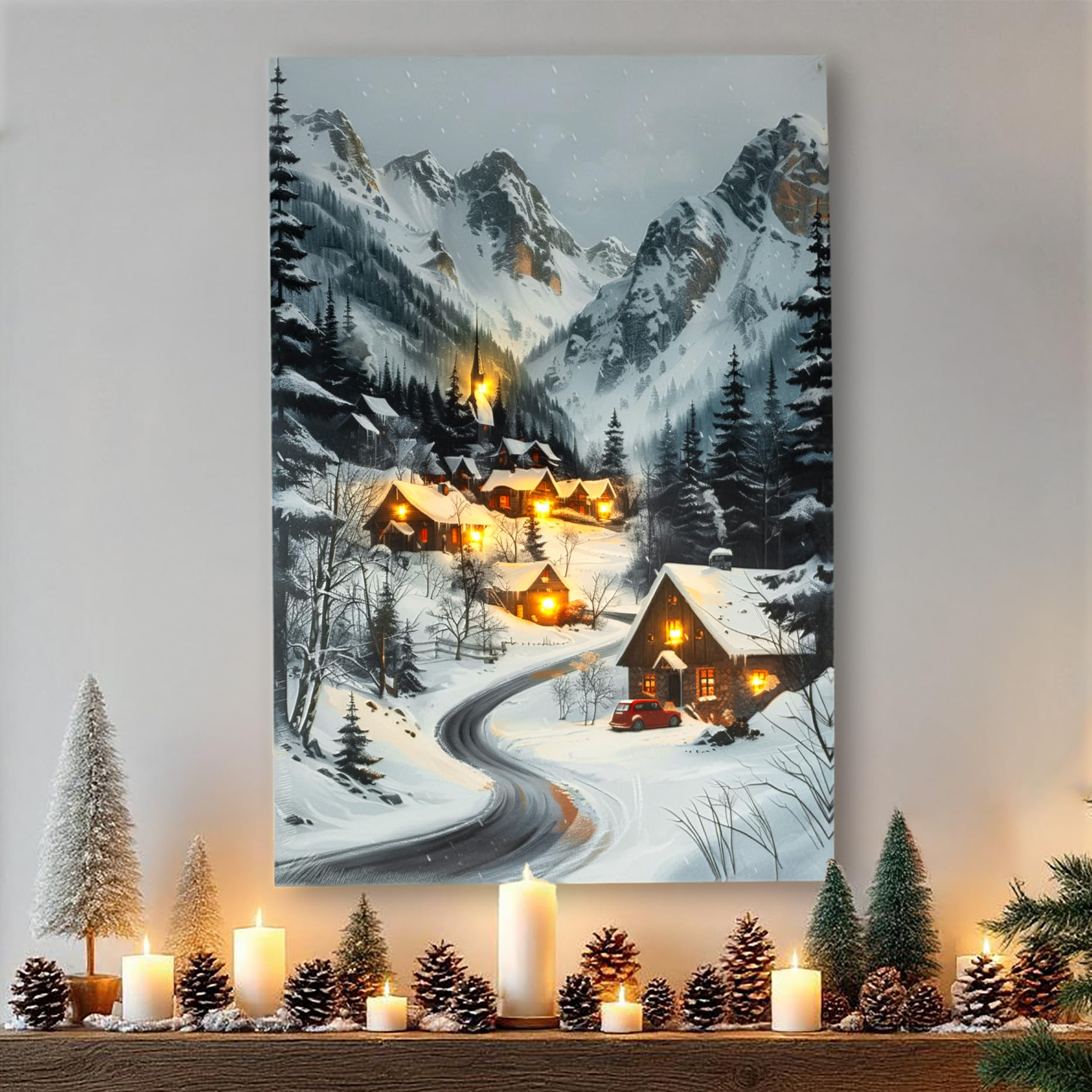 Spetebo Immagine natalizia da parete con illuminazione a LED alimentata a batteria - 58 x 38 cm - Immagine di villaggio invernale su tela illuminata in bianco caldo - Decorazione natalizia da parete