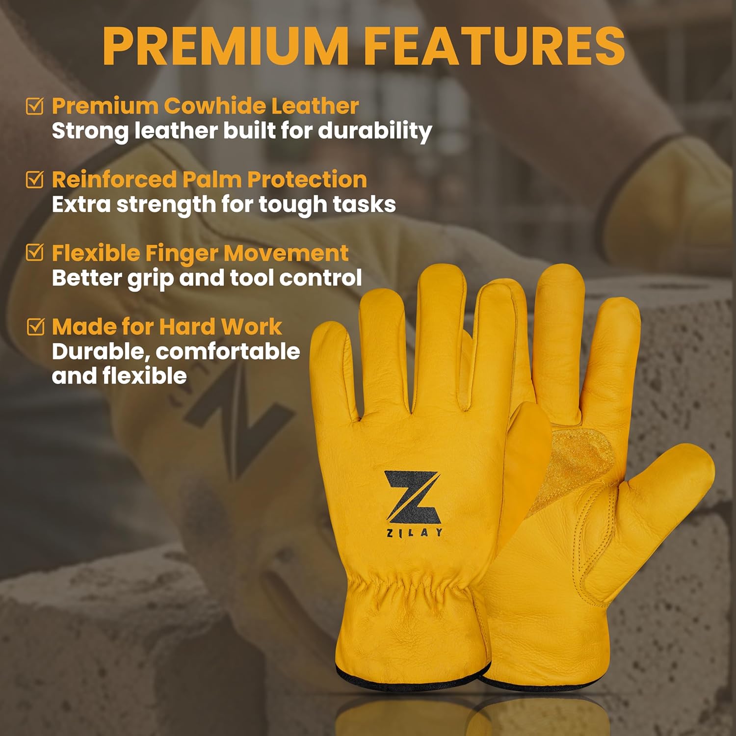 Safety Gloves Men & Women Heavy Duty Grain Cowhide for Gardening Farming and Construction Ranching Driving