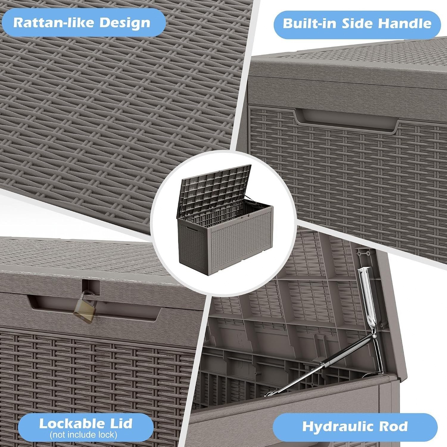 Baulera Exterior Impermeable 130L para Almacenaje Terraza, Ratán Gris