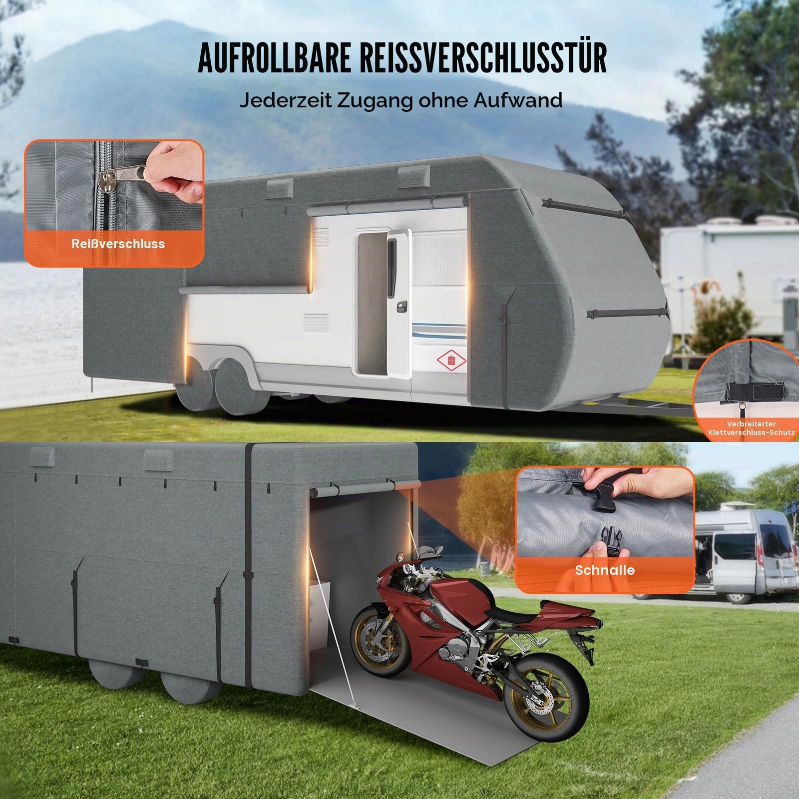 VEVOR Wohnwagen-Schutzhülle für 8,5-9,4 m Wohnwagen, Wohnwagenabdeckung aus Oxford-Gewebe wasserdicht Winddicht, Universal-Wohnwagenhülle mit Aufbewahrungstasche, Reparaturflicken, Gurten