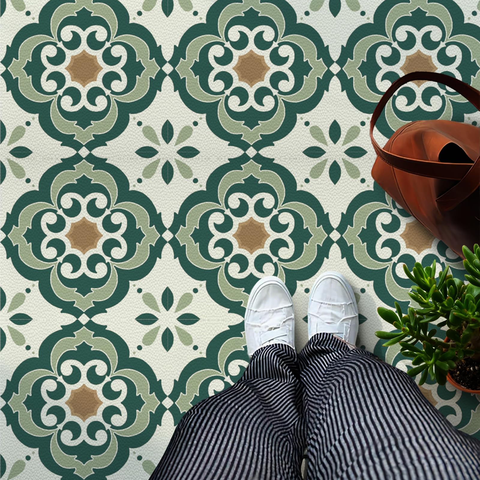 Celestdeco Sage Green Floral Floor Tiles Leather Texture 10Pcs 30x30cm