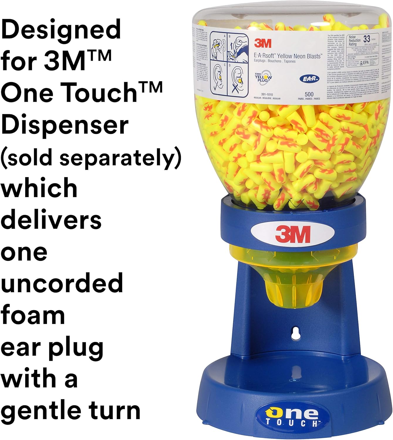 3M Ear Plugs, 500 Pair/Refill Bottle for One Touch Dispenser, E-A-Rsoft Yellow Neon Blasts 391-1010, Uncorded, Disposable, NRR 33, Drilling, Grinding, Machining, Sawing, Sanding, Welding