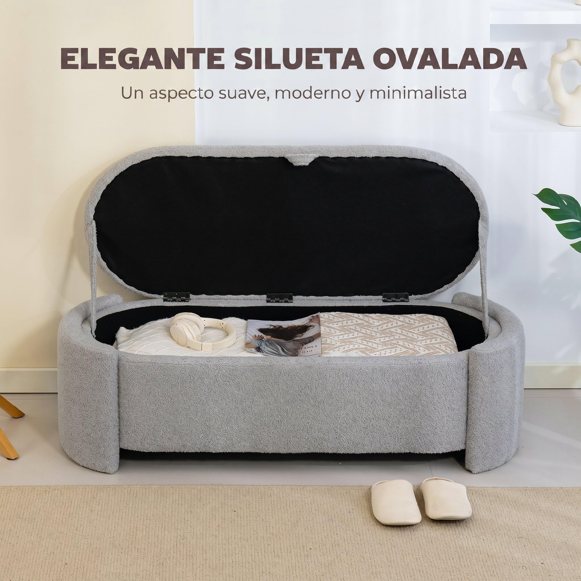HOMCOM Puff Almacenaje Banco Almacenaje Ovalado 129x48,5x44 cm Gris Claro | Tapizado en Terciopelo de Teddy, Baúl de Almacenamiento, Carga 200 kg, Taburete para Sala de Estar, Dormitorio, Entrada