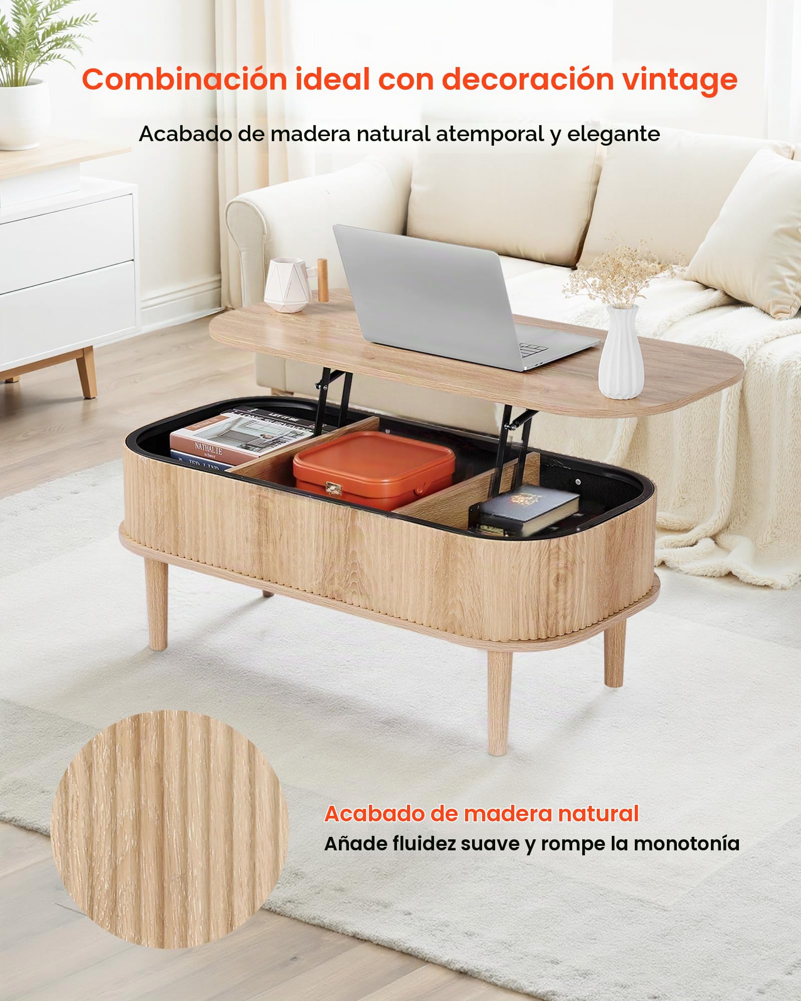 VEVOR Mesa de Centro Elevable, 1000 x 480 x 405 mm, Mesa de Salón o Comedor con 3 Compartimientos Ocultos, Acabado Acanalado de Madera Natural, Mesita Multifuncional, para Hogar Oficina Sala de Estar