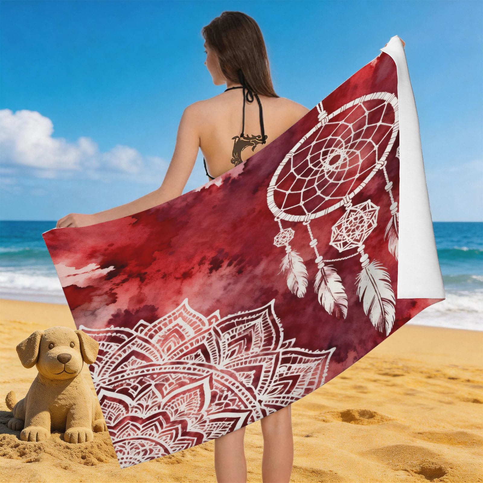 Leichong Men's Red 3D Watercolor Dreamcatcher Beach Towel Microfiber Soft Quick Dry For Adults, Ethnic Style Bath Towel Lightweight Soft Absorbent For Travel Swimming Pool Sports, 75 X 150 Cm