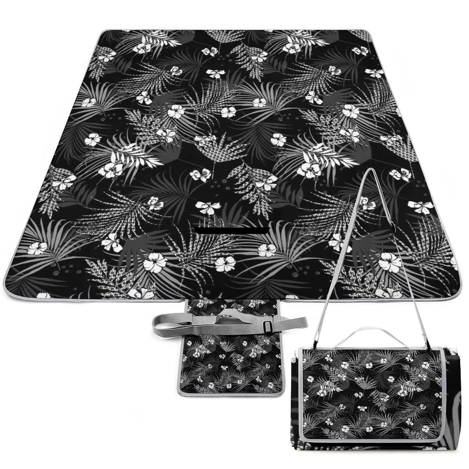 Black-White-Tropical-Pattern Picnic Blanket Waterproof Foldable, Large Outdoor Picnic Blanket Beach Blankets Camping Blanket Travel Mat, Shoulder Strap Tote, Rectangle 58x58in