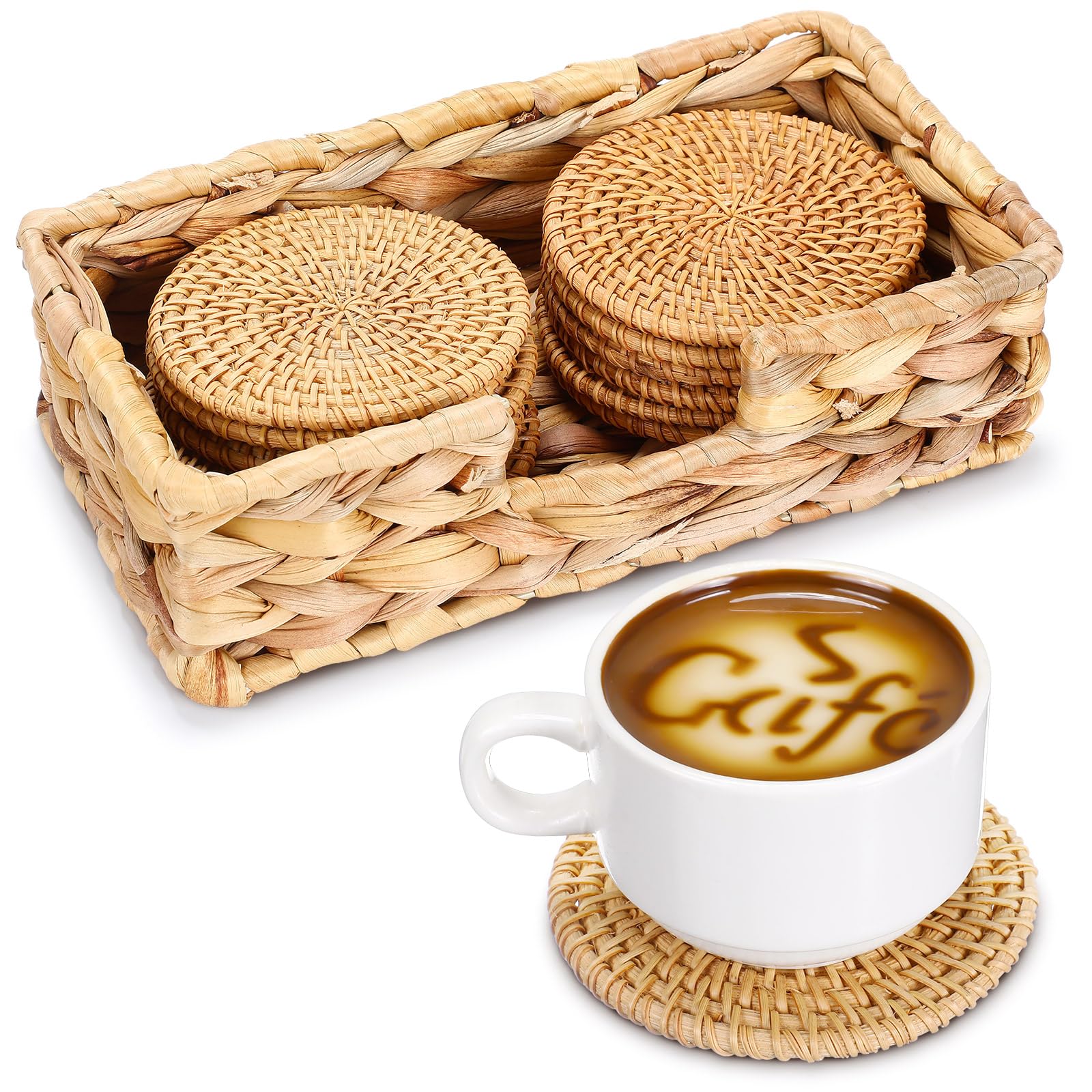 Hushee 12 Pcs Handmade Rattan Coasters with Holder Woven Natural Wicker Boho Coasters Set Heat Resistant Drink Woven Hot Pads for Cup Base Table Home Decoration