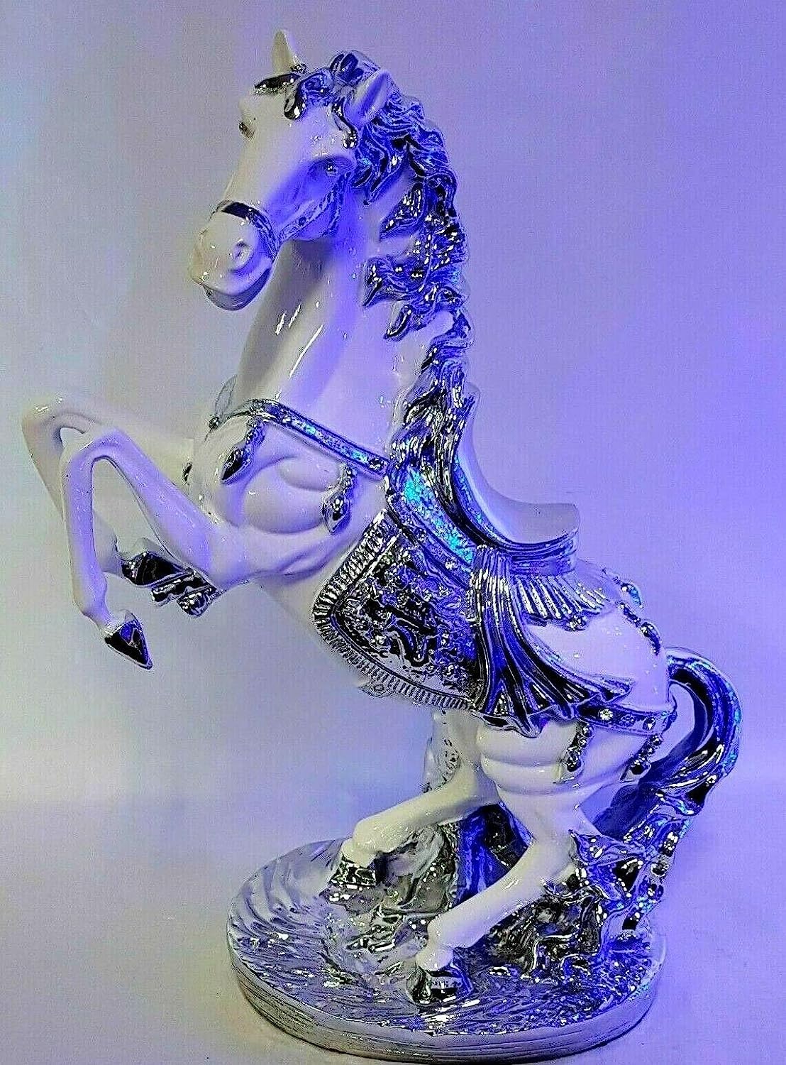 JAYOGLA Italian Style Horse Fole Romany Gypsy China Ornament Porcelain Center 45cm Shelf Sitter Animal Statue Figurine Home Decoration (White Silver)