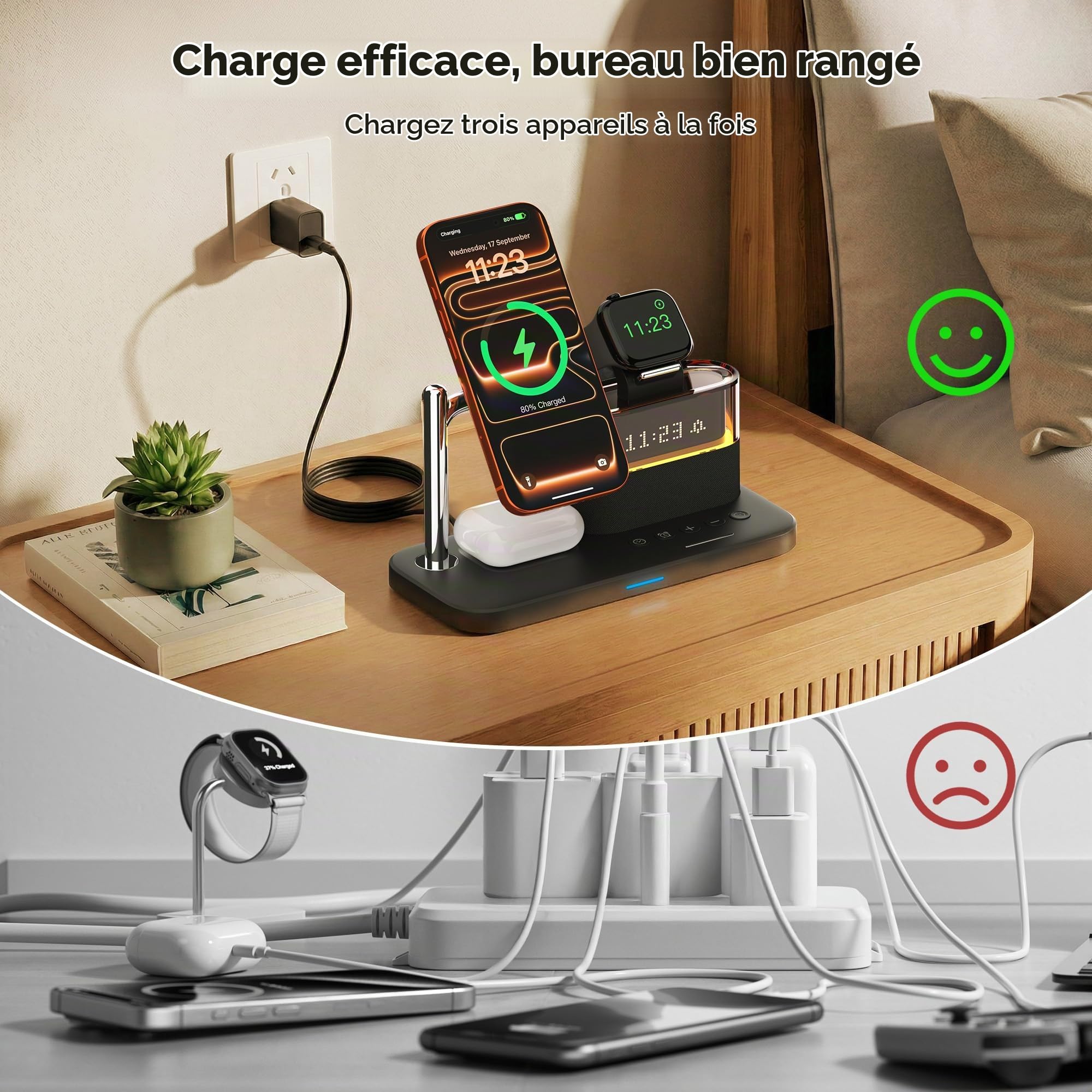Chargeur Induction 3 en 1 Qi2 Magnétique 15W pour iPhone 17/16/15 Pro Max, AirPods 4/3/2/Pro et Apple Watch S10/9/8, Station de Charge Rapide sans Fil avec Réveil et Lumière RGB