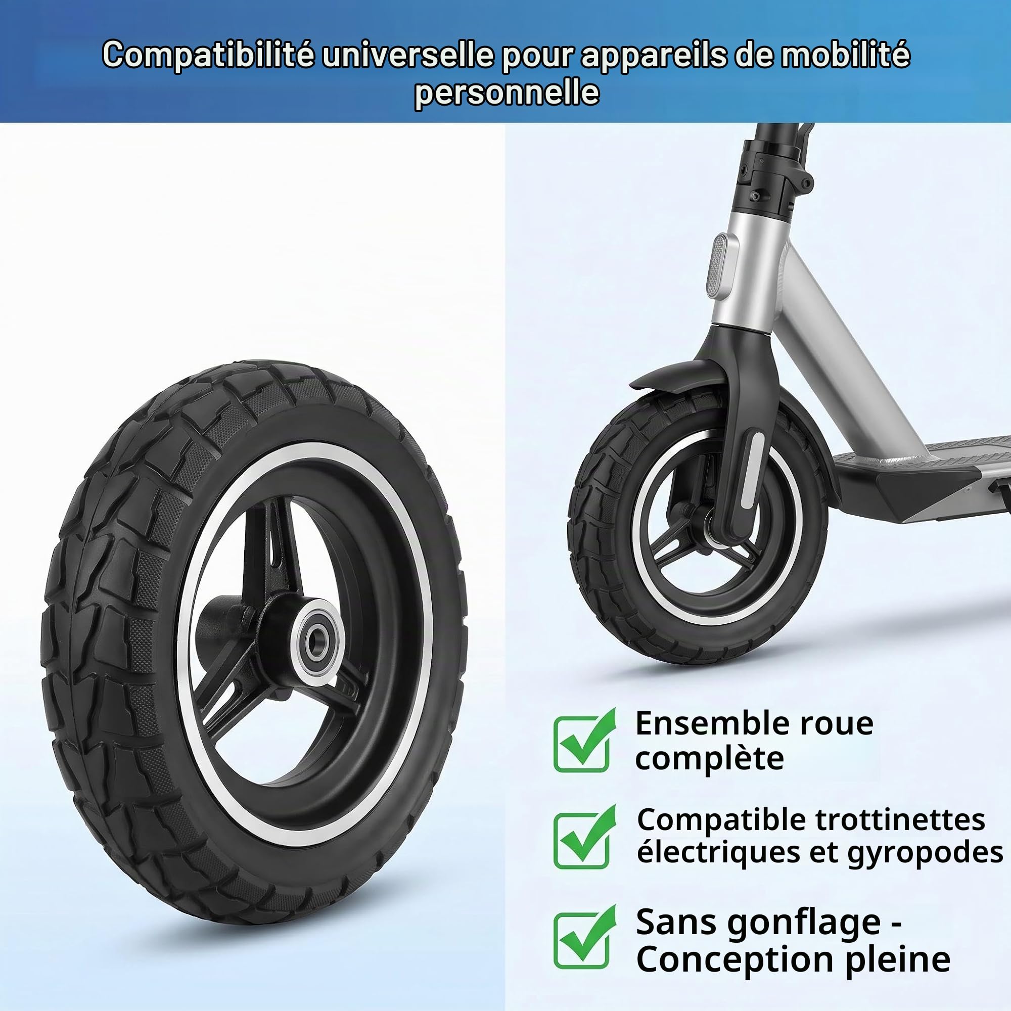 Pneu plein Anti Crevaison 10 roues avant de trottinette électrique 2,70-6,5-255 x 70 - Pneu nid d'abeille 70/65-6,5 - Roue complète (pneus + freins à disque)