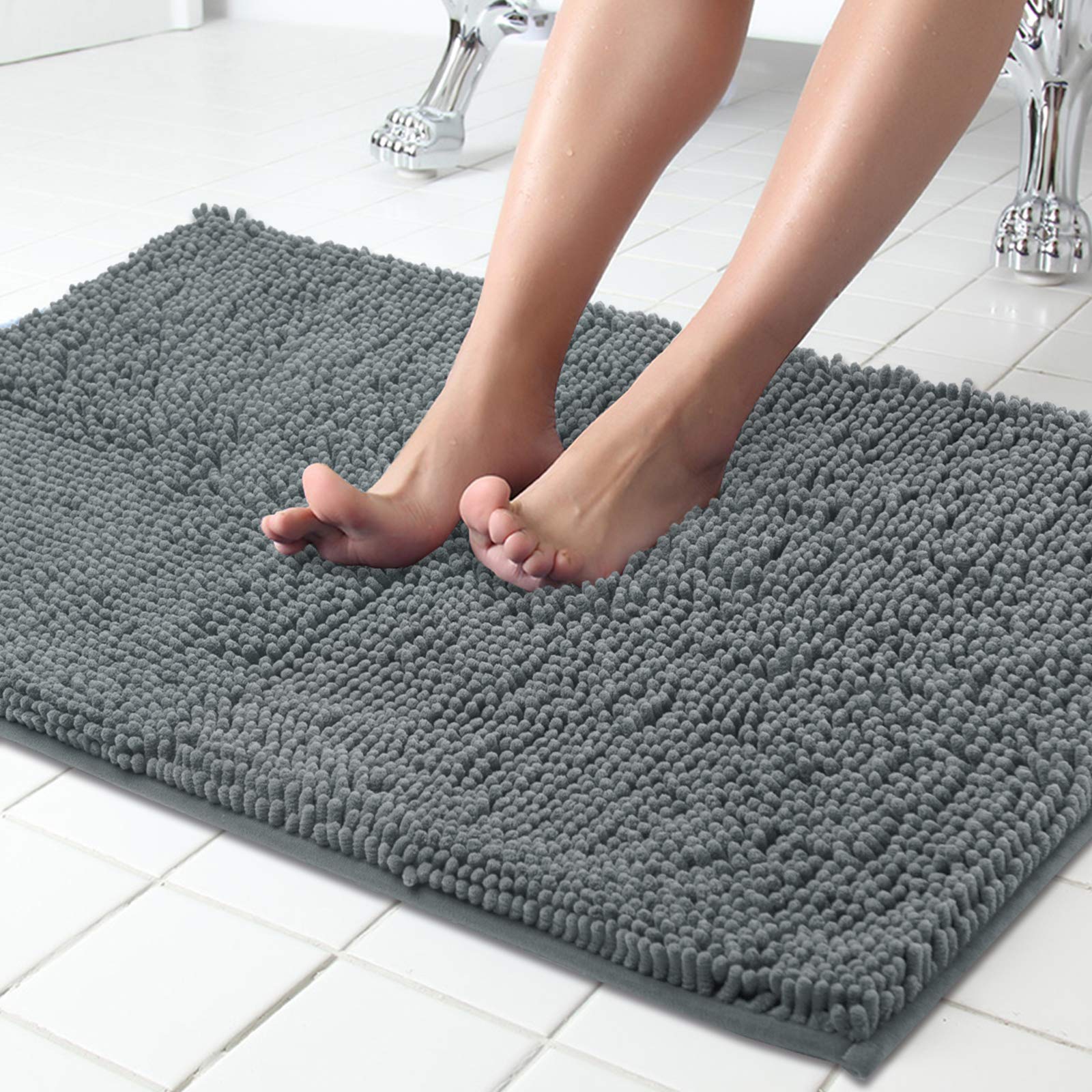 ITSOFT Extra Large Plush Microfiber Non Slip Soft Bathroom Rug, Absorbent Machine Washable Chenille Bath Mat | Quick Dry Shag Carpet, Great for Bath, Shower, Bedroom, or Door Mat (Gray, 34x21)