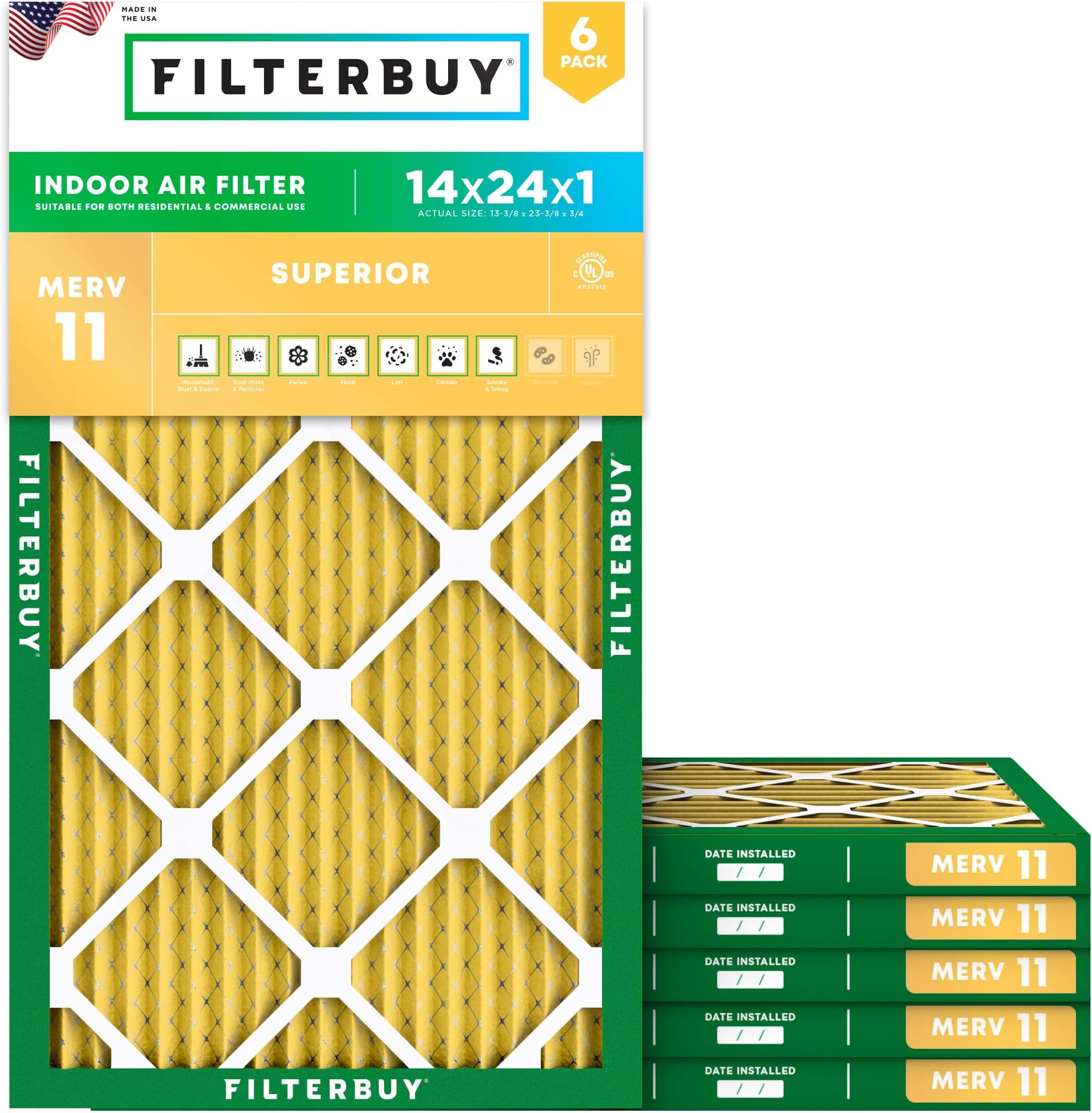 Filterbuy 14x24x1 Air Filter MERV 11 Superior Pet & Allergy Defense (6-Pack), Electrostatic Pleated HVAC AC Furnace Filters Replacement (Actual Size: 13.38 x 23.38 x 0.75)