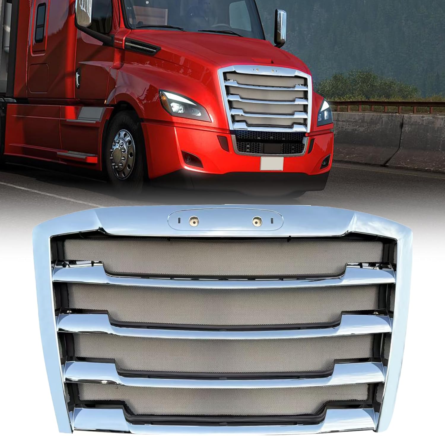 Chrome Grill Grille with Bug Screen Compatible with 2018-2024 Freightliner Cascadia, Front Bumper Radiator Grille Freightliner Cascadia Accessories (Chrome)
