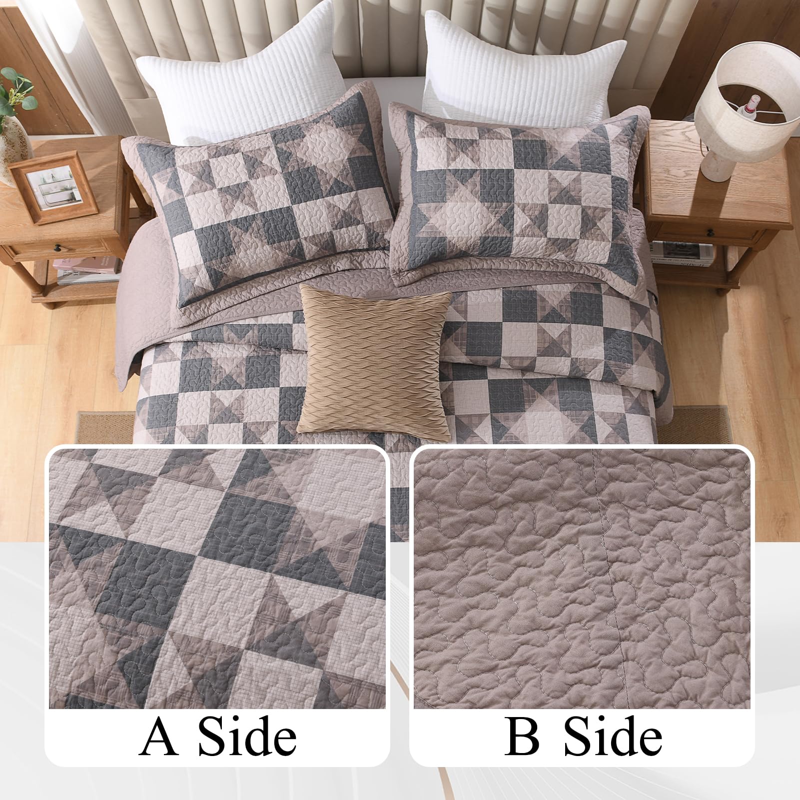 Soforpring 100% Cotton California King Bedspread - Gray Farmhouse Plaid Pattern, Reversible Rustic Quilt Coverlet Set (3 Piece)