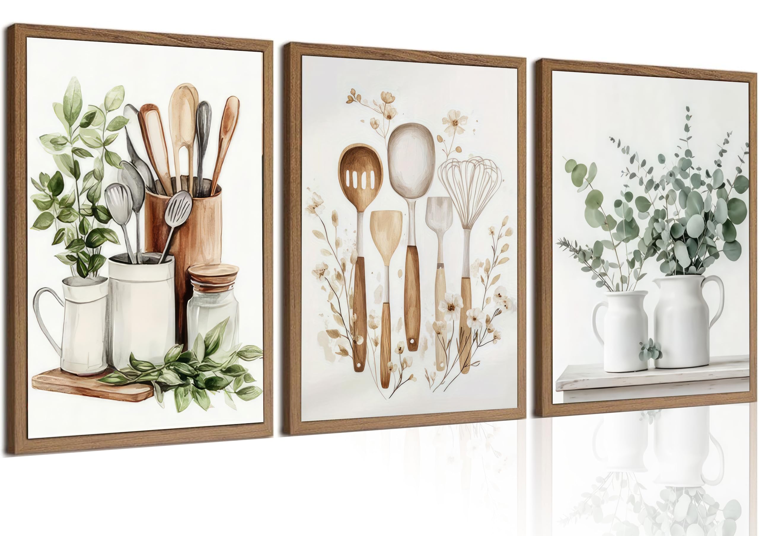 LMYSXAOZ 3Pcs Sage Green Kitchen Wall Art Boho Farmhouse Canvas Poster Eucalyptus Leaves Painting Botanical Minimalist Plant Artwork for Dining Room Home Decor Unframed 20x30inch