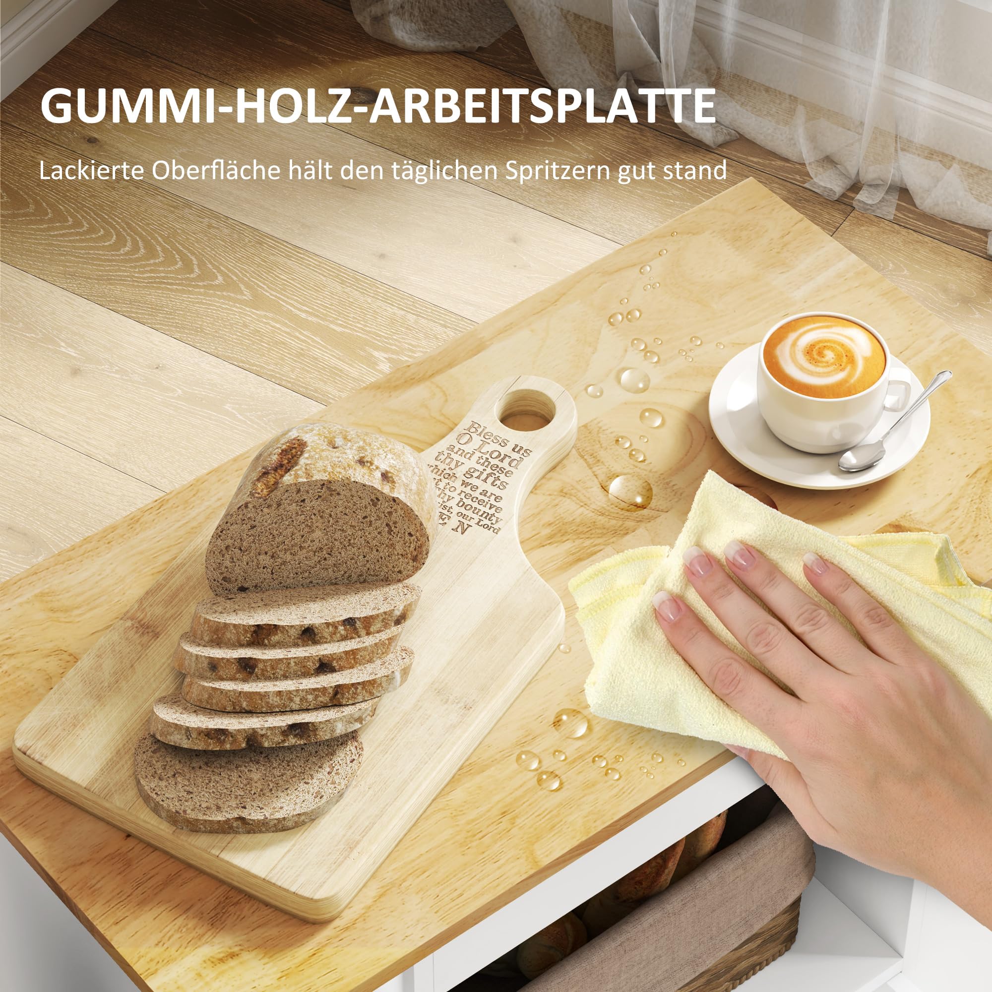 HOMCOM Küchenwagen mit Arbeitsplatte aus Holz Ablagen 83x40x83 cm Eiche | Rollwagen, Weinregalen, Servierwagen, Küchenschrank auf Rollen, Soft-Close-Scharnieren, Griff, Kücheninsel