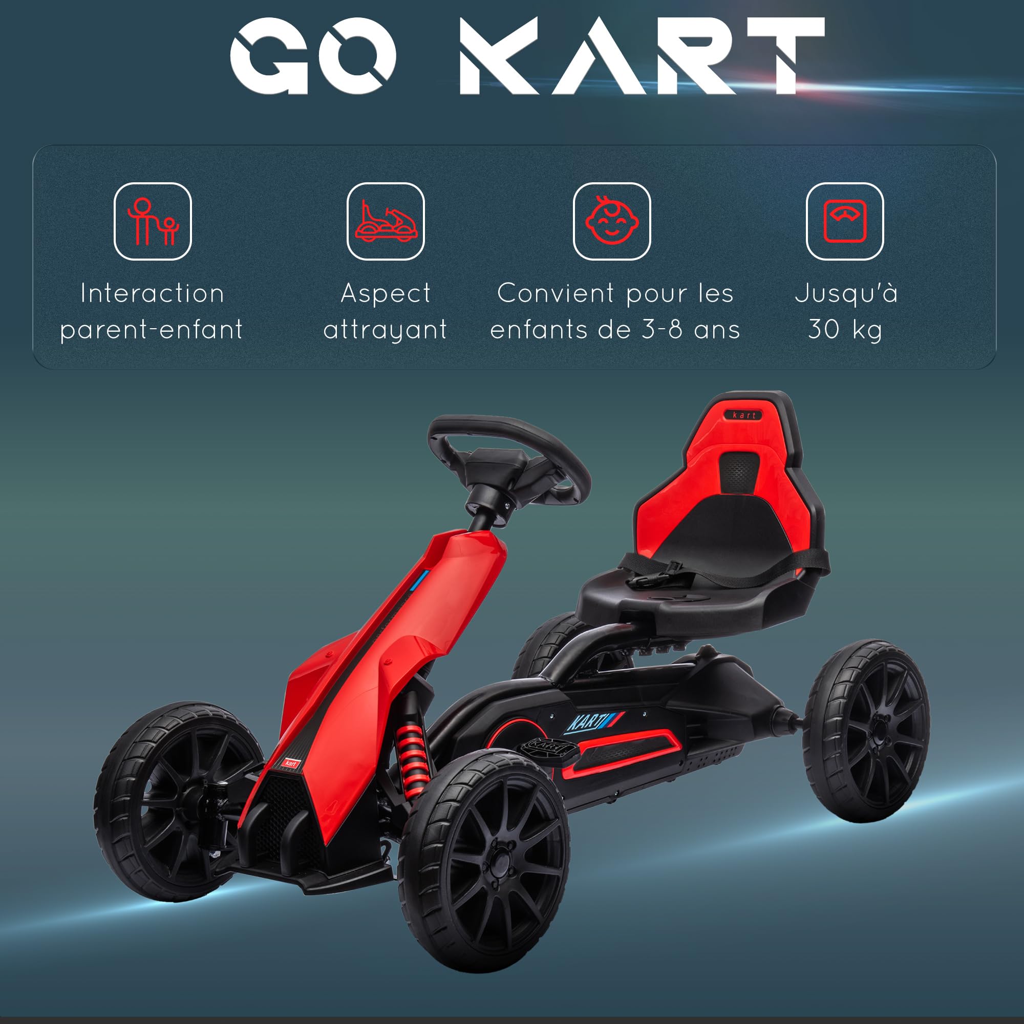 HOMCOM Kart na pedały dla dzieci, go-Kart z regulowanym siedziskiem 4-pozycyjnym, ciche koła EVA, 100 x 58 x 58,5 cm, rower i pojazd dziecięcy, czerwony i czarny