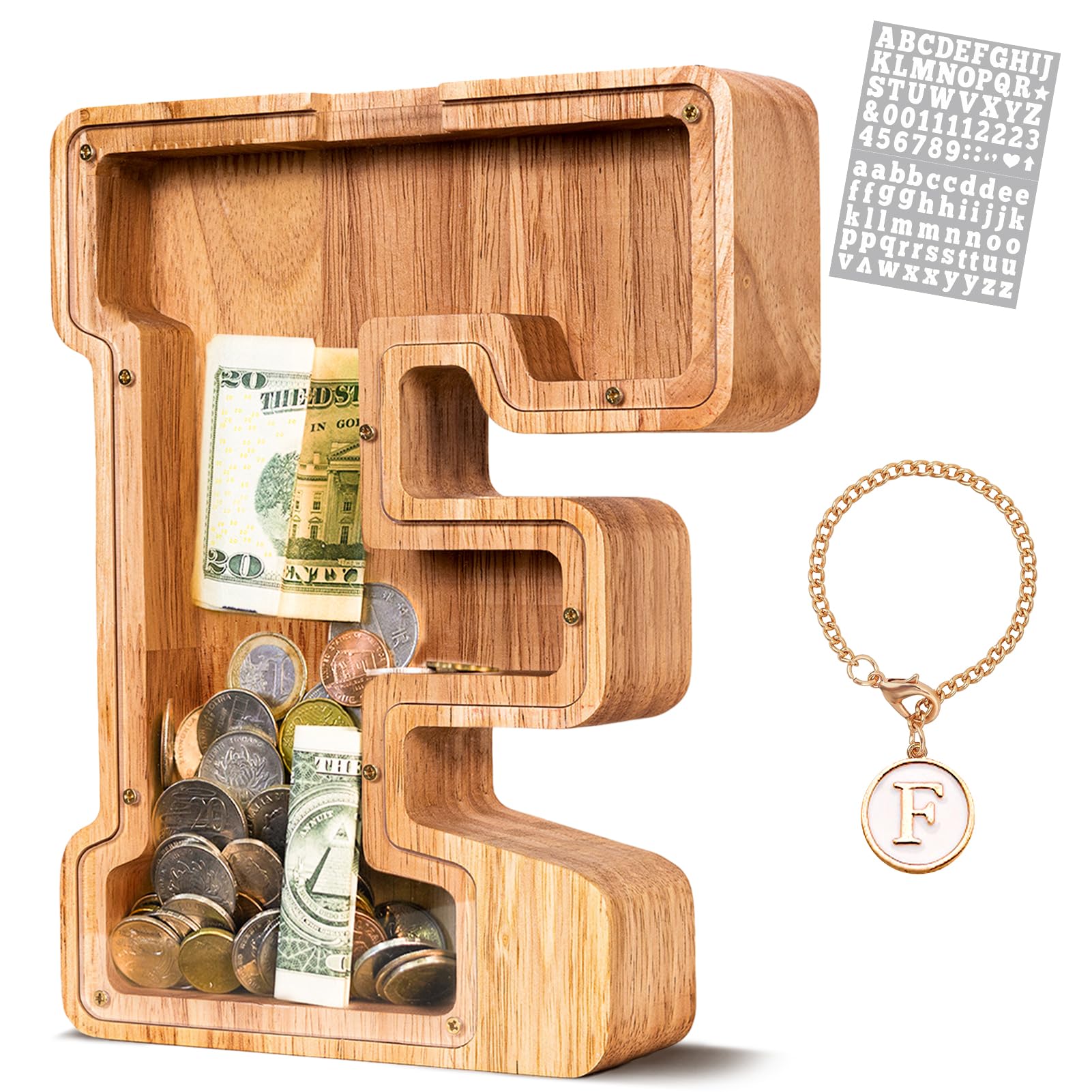 KMC Wooden Piggy Bank, Piggy Bank for Kids, Unbreakable Wooden Letter Money Bank, Wood Letter Money Saving Box, Gift for Kids Boys & Girls (Alphabet F)