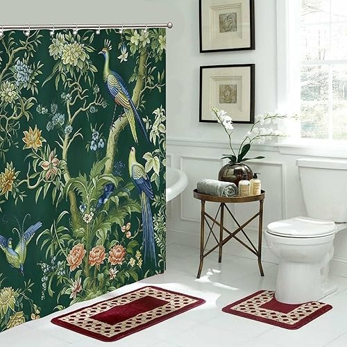 Miniatura 481 de Cortinas de ducha de baño con ganchos, 72 x 92 pulgadas, cortina de ducha de tela impermeable con diseño de flores y pájaros, cortina de ducha