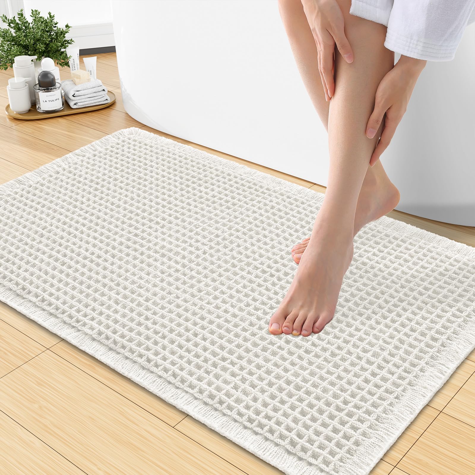 Smiry Waffle Bath Mat 30X18, Extra Soft Absorbent Bathroom Rugs, Off-White