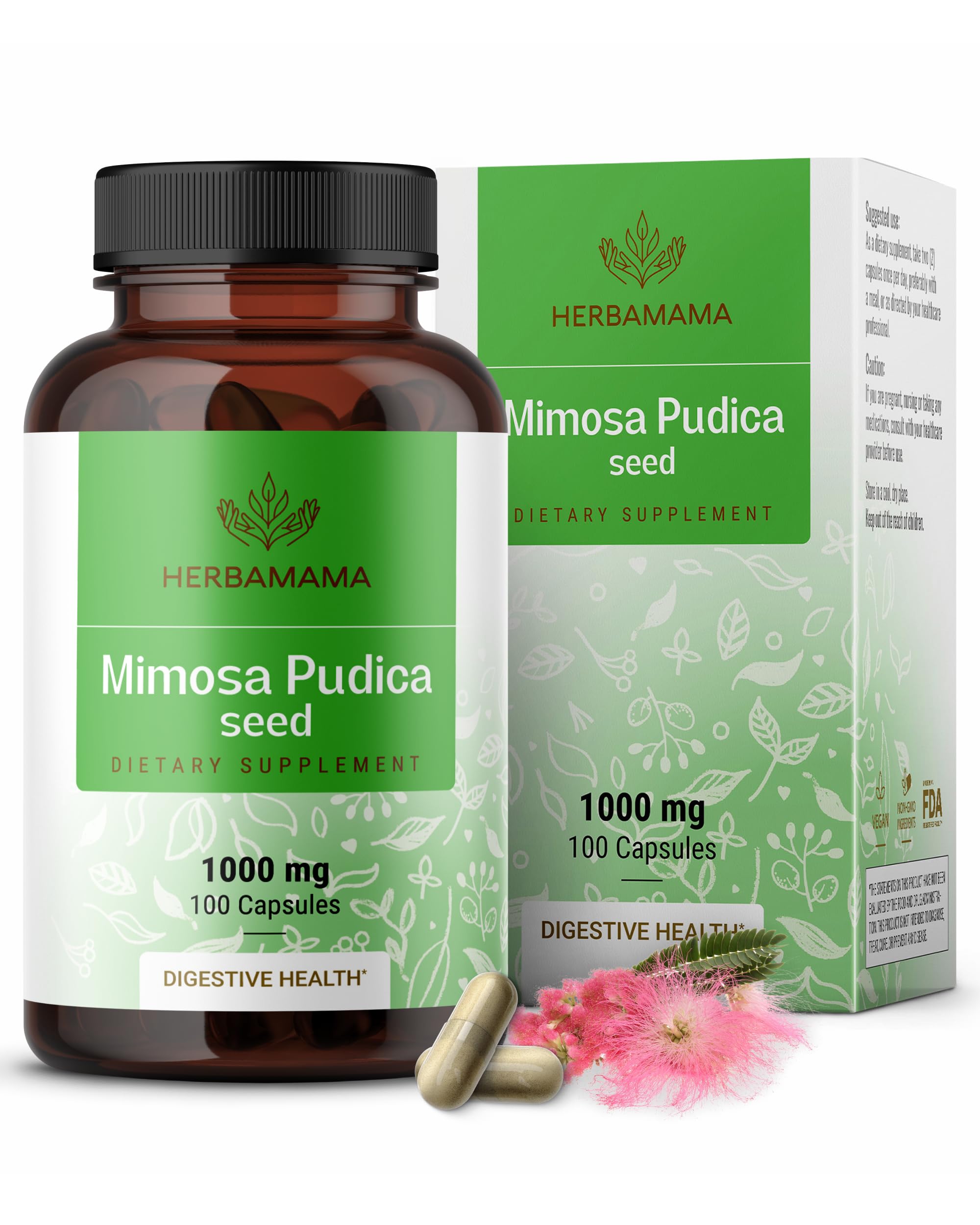 HERBAMAMA Mimosa Pudica Seed Capsules - 1000mg Mimosa Pudica Extract Powder for Digestive Cleanse & Detox - Vegan, Non-GMO Digestive Support Supplement, 100 Caps