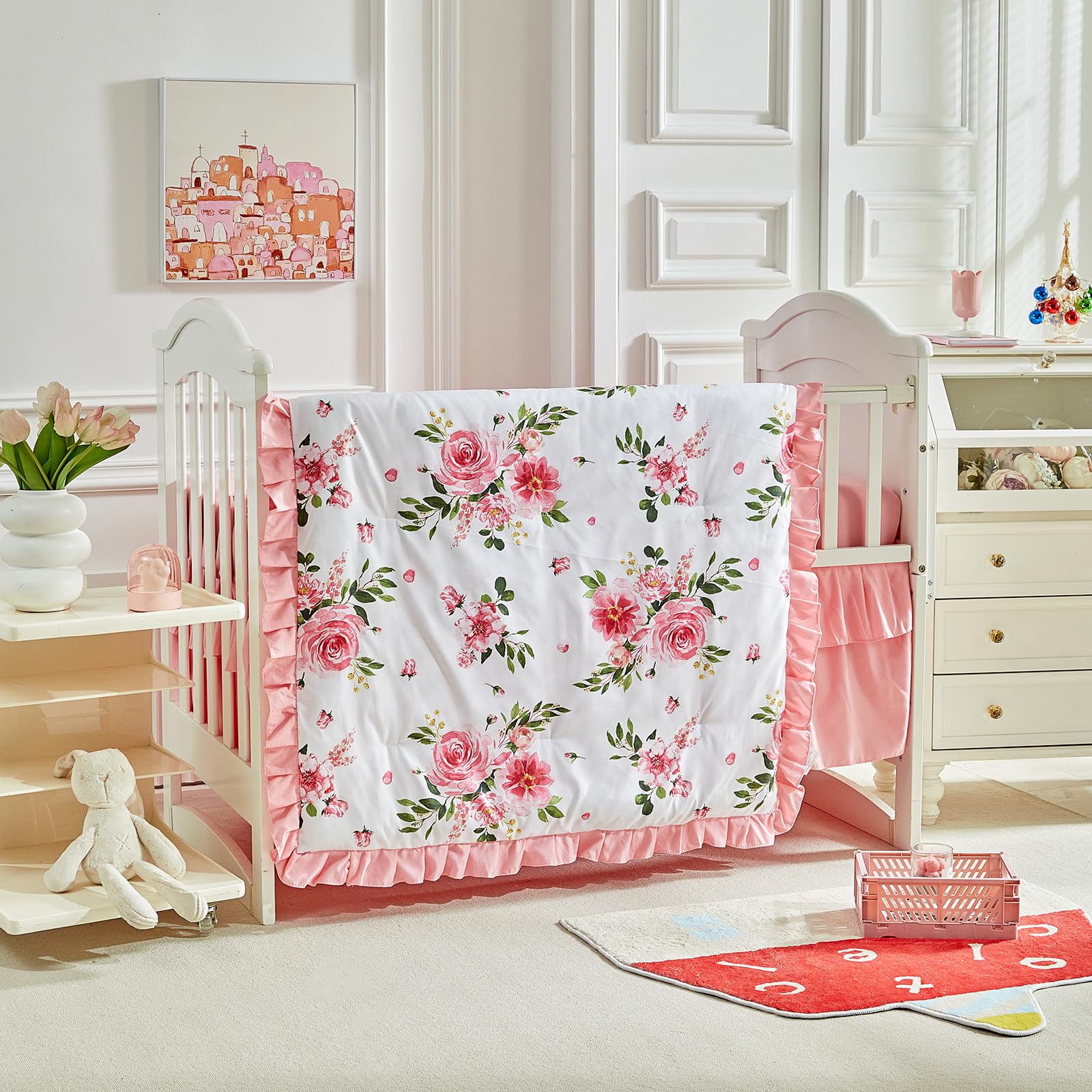 Juego de ropa de cama de 3 piezas para cuna, edredón acolchado con volantes para bebé, sábana bajera ajustable y falda de cama, bonita ropa de cama de bebé con volantes, manta suave con diseño floral