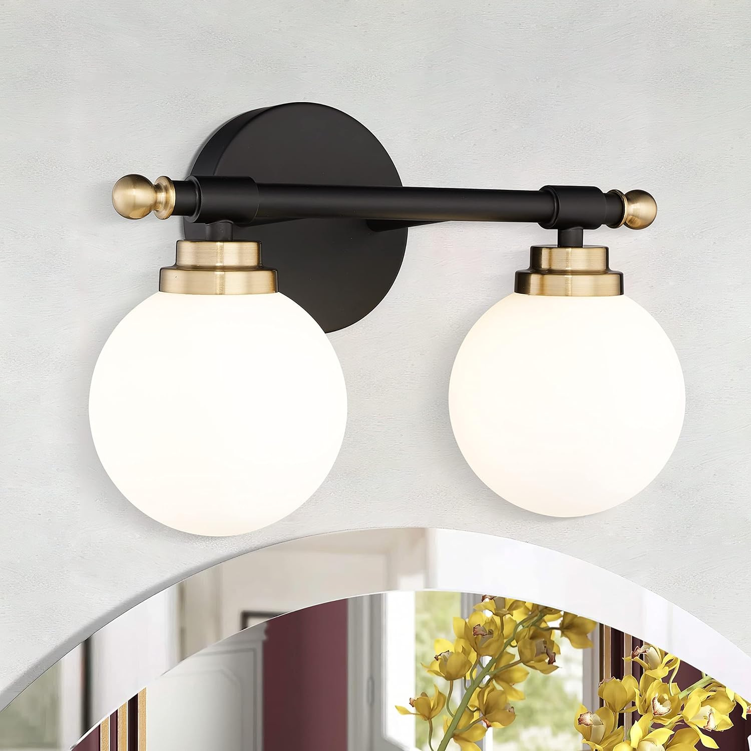 Black And Gold Bathroom Vanity Light With Clear Glass Shades - 2-Light Modern Farmhouse Wall Sconce For Mirror, Kitchen & Living Room