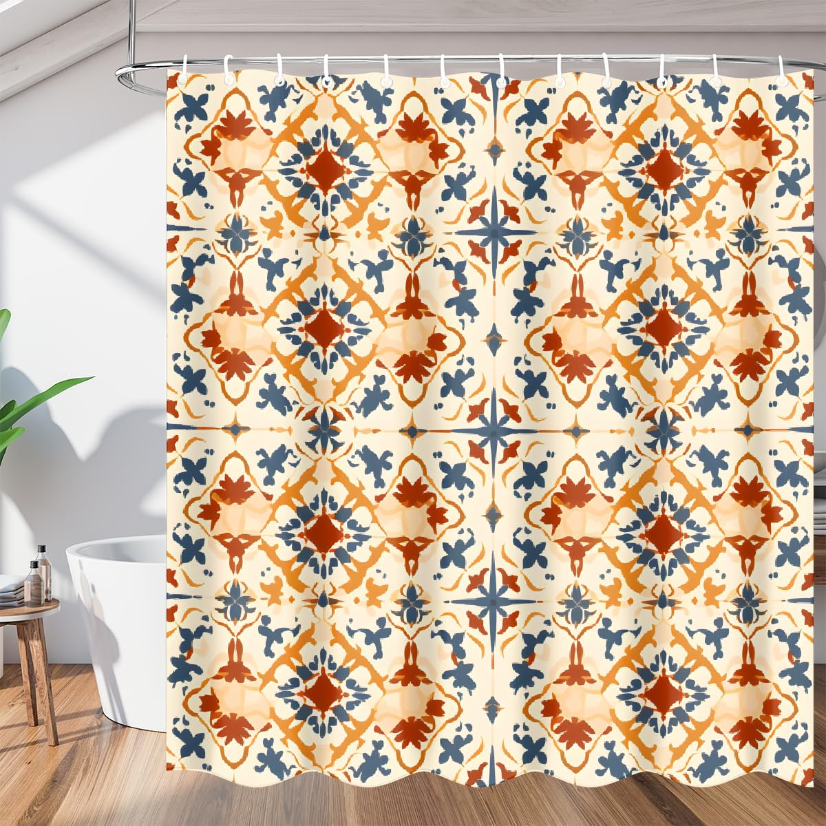 Rideau de douche imperméable en polyester bleu et orange 183x183 cm motif floral tribal Mexpekil