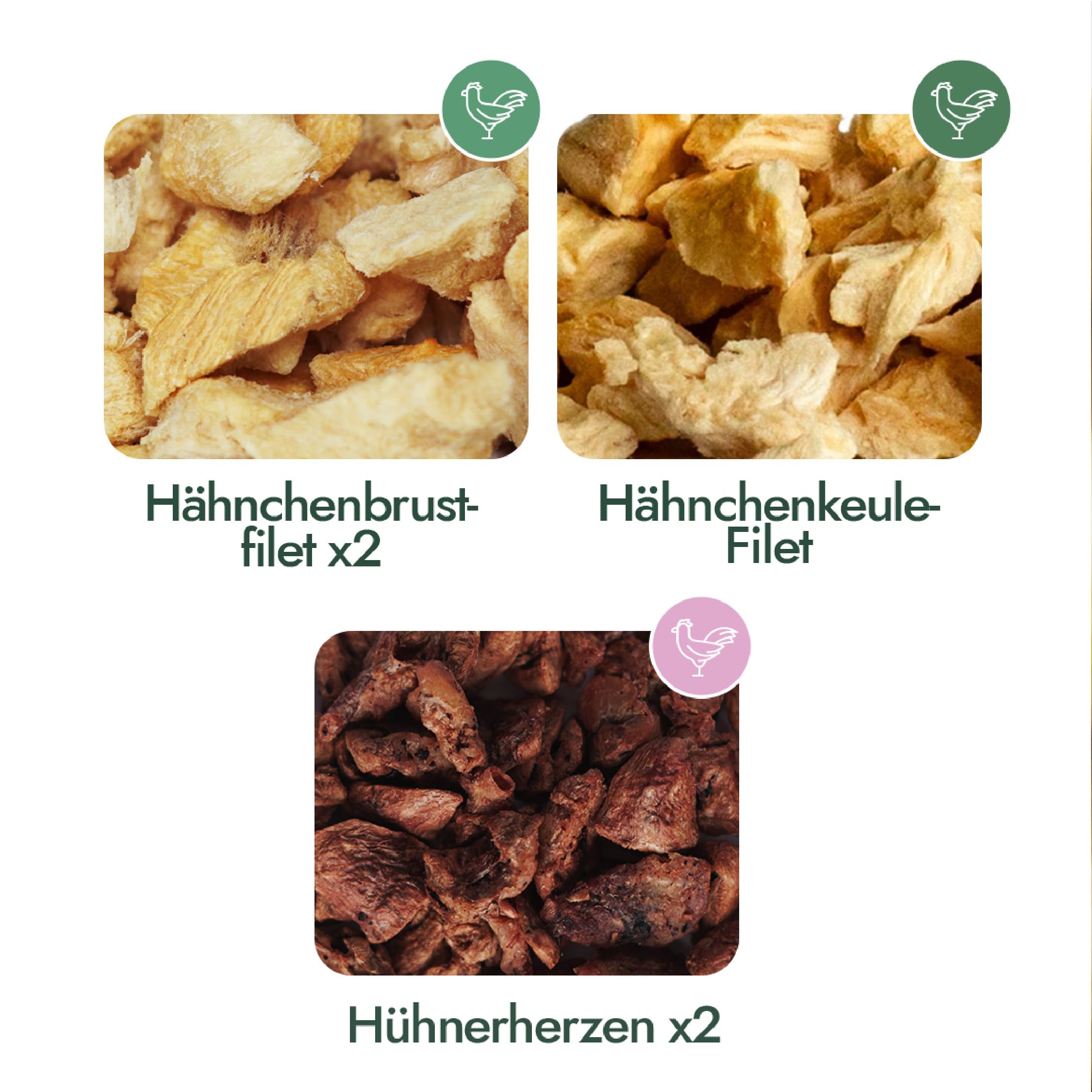 Premium Gefriergetrocknetes | 5er Bundle Hühner-Mix | 2X Hühnerbrust, 2X Hühnerherzen, 1x Hühnerschenkel | Proteinreich für Fell & Muskulatur | Für Kitten & Erwachsene Katzen | AYLA