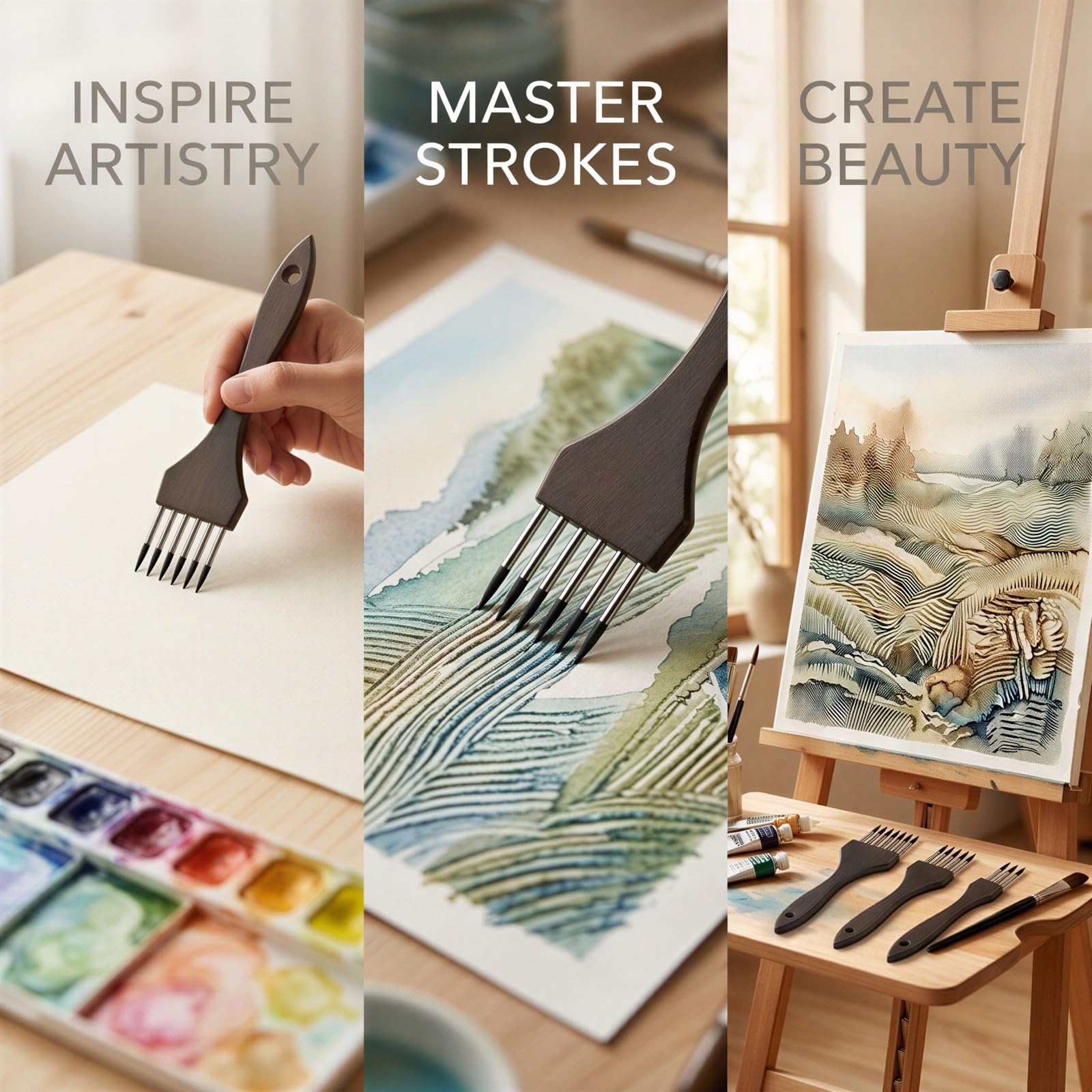 3 STK. Acrylpinsel-Set, Multi-Zahn-Kamm-Pinsel mit Nylonborsten aus Korea und ergonomischem Holzgriff, für Aquarell- und Acrylmalerei, für feine Linien und besondere Texturen